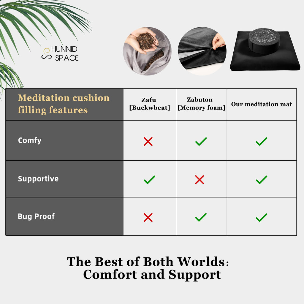 hunnidspace Meditation Cushion Set Zafu & Zabuton – Buckwheat Hull & Memory Foam, Adjustable Floor Pillow for Yoga, Meditation & Sitting, Removable Velvet Cover (Classic Black)