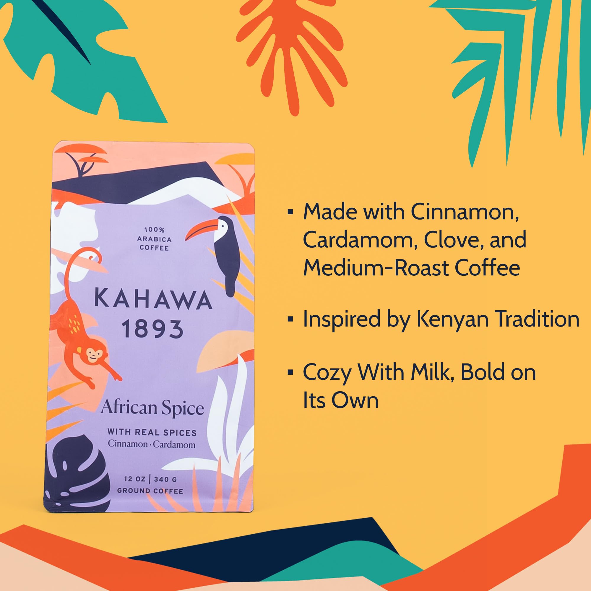Kahawa 1893 Ground Coffee Medium Roast Chai Spice Coffee 12 Oz - With Cinnamon, Cardamom & Clove, As Seen on Shark Tank, High Antioxidants, Organically Grown, Ethically & Sustainably Sourced