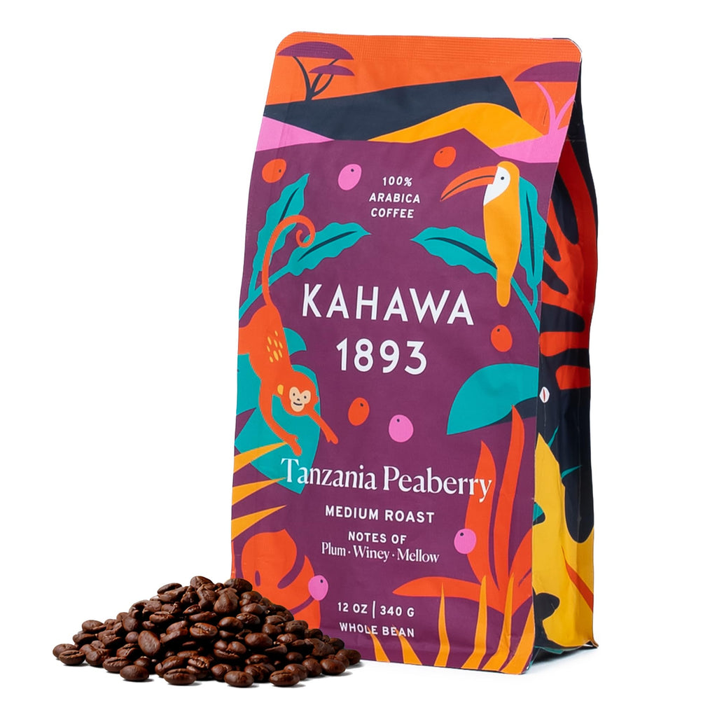 Kahawa 1893 Whole Bean Coffee Medium-Roast Tanzania Peaberry Blend 12 Oz - As Seen on Shark Tank, High Antioxidants, Naturally Sweet, Organically Grown, Ethically & Sustainably Sourced