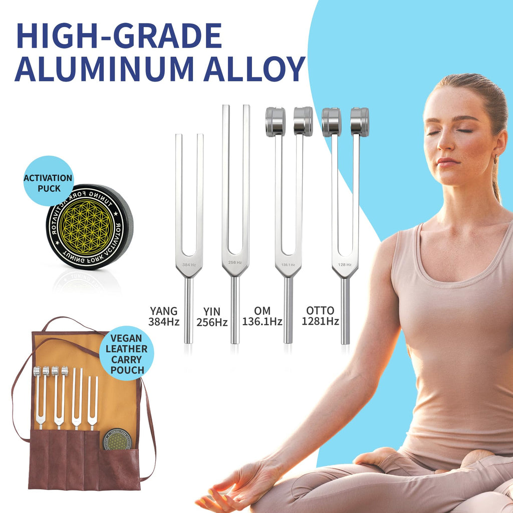 Tuning Forks for Healing Set – Includes 128Hz, 136Hz, 256Hz, 384Hz & Activator, Portable in Red Leather Pouch – Medical Grade Sound Healing Instruments for Chakra, Yoga, and Meditation