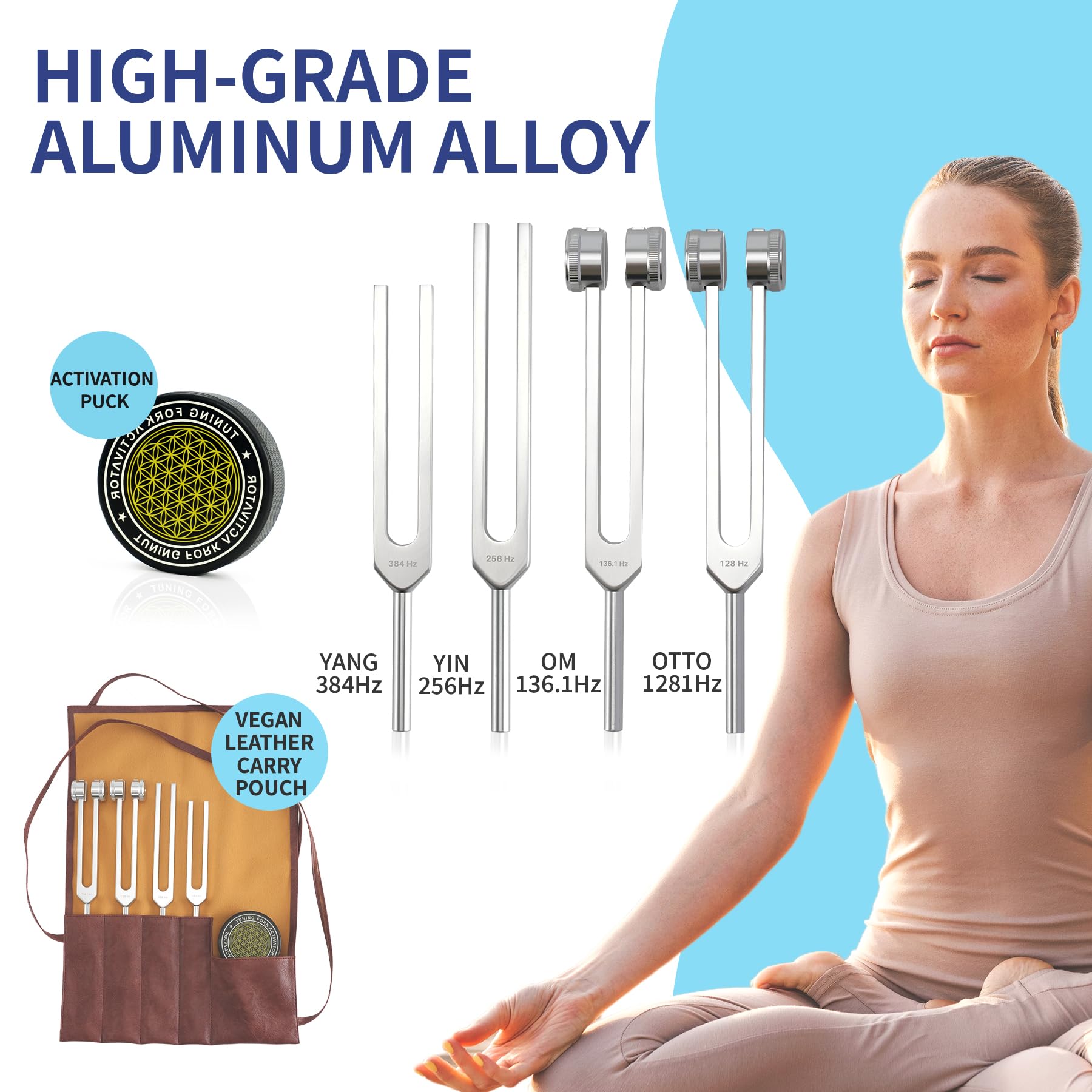 Tuning Forks for Healing Set – Includes 128Hz, 136Hz, 256Hz, 384Hz & Activator, Portable in Red Leather Pouch – Medical Grade Sound Healing Instruments for Chakra, Yoga, and Meditation