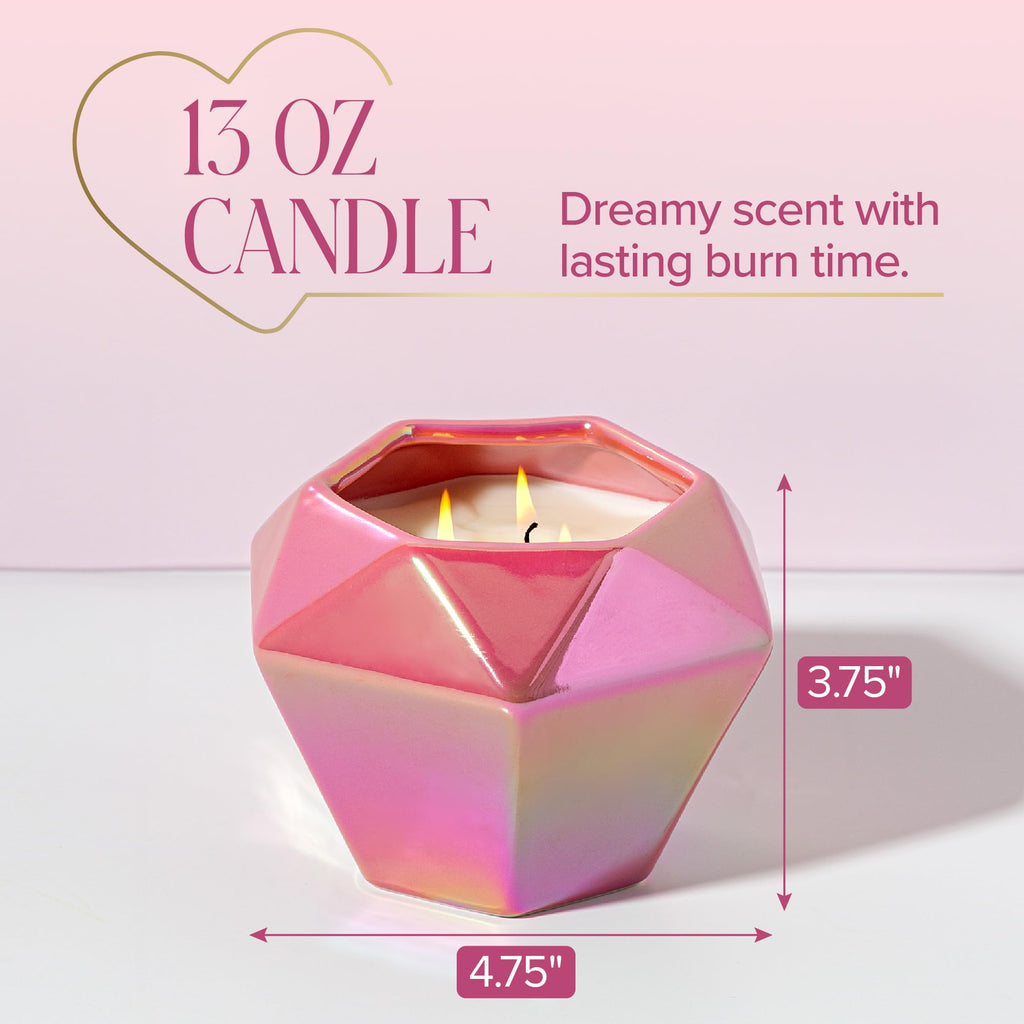Paris Hilton Pink Spritz Scented Candle, Faceted Diamond Ceramic Vessel with Pink Iridescent Finish, Premium Plant Wax Blend, 3-Wicks, 13-Ounce