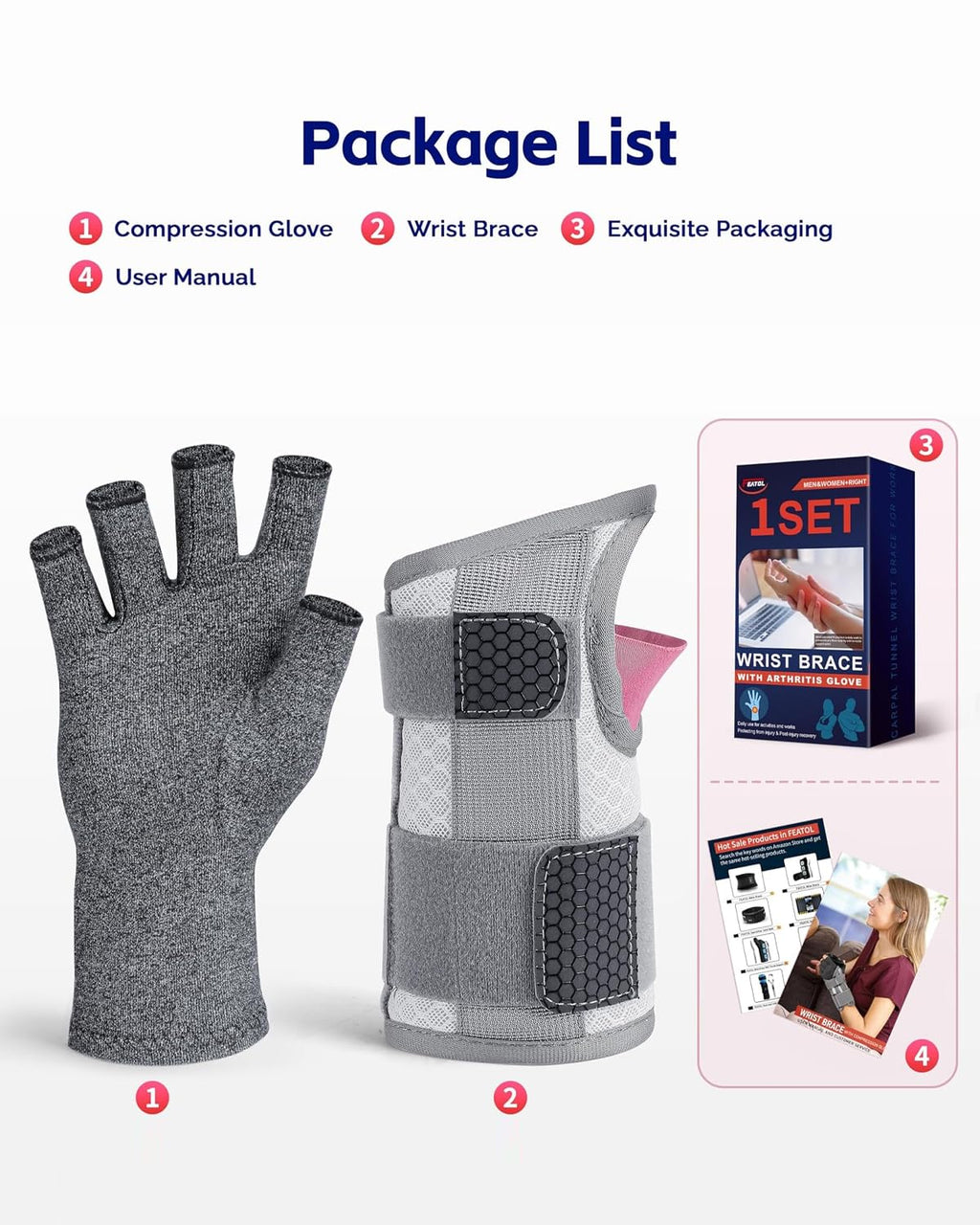 FEATOL Compression Arthritis Glove with Wrist Brace, Comfortable Fingerless Carpal Tunnel Hand Gloves for Women Night Support, Pain Relief for Rheumatoid Arthritis, Work, Typing - Right Hand, Medium