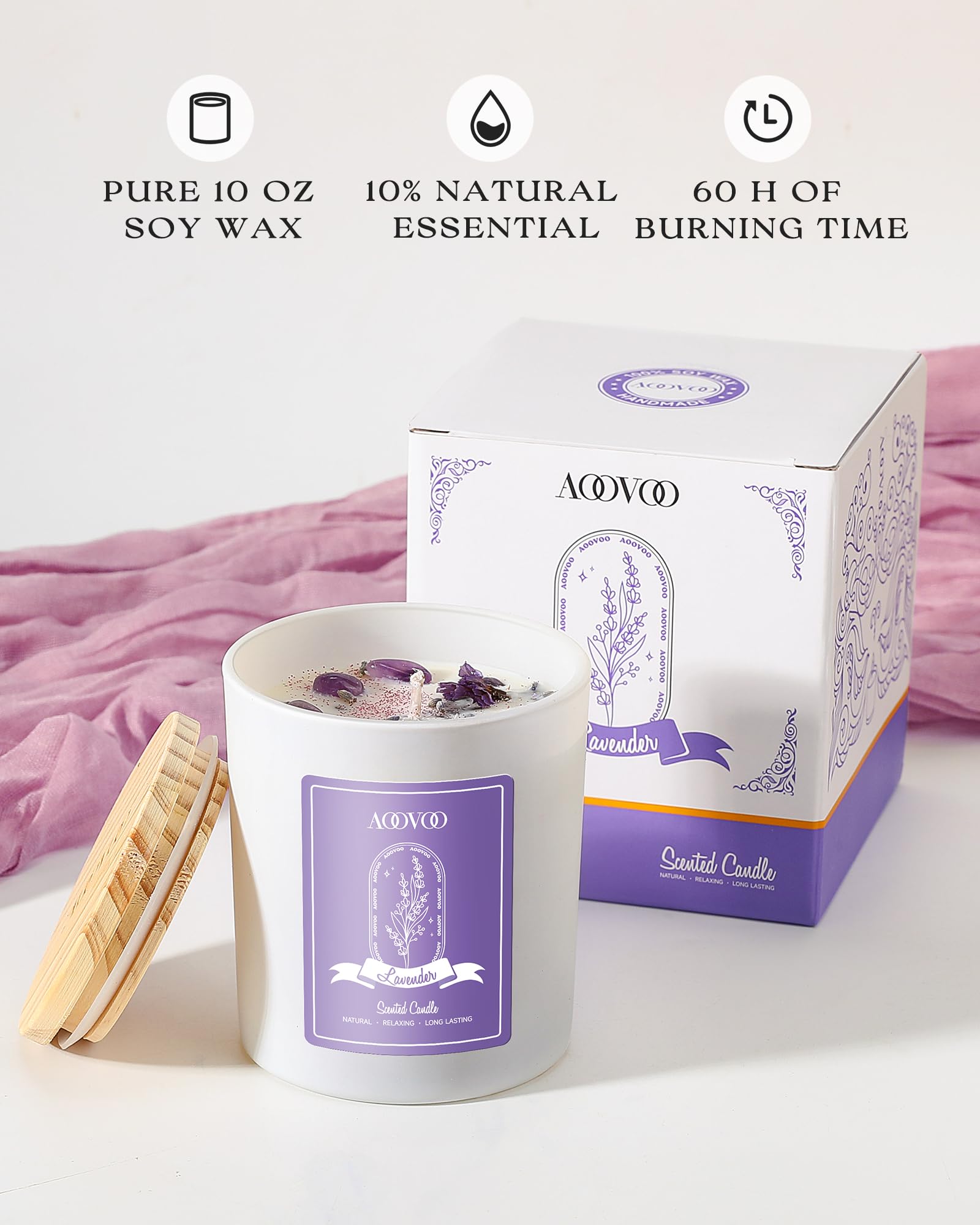 AOOVOO Lavender Scented Candles for Women - Aromatherapy Candle with Crystals Inside, 10oz Soy Candles for Home Scented, Birthday Gifts Mothers Day Candle for Women Mom