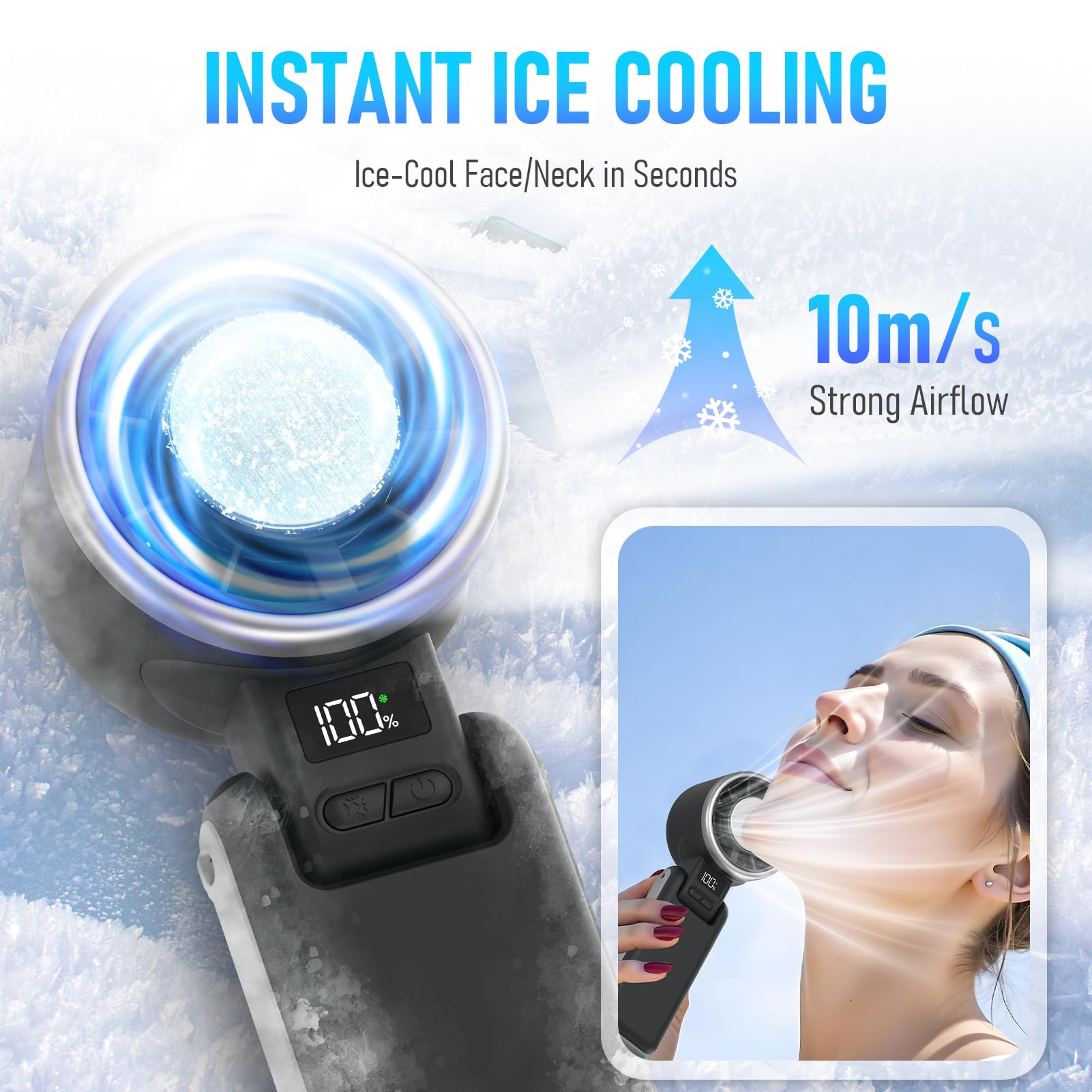 PlayHot Portable Handheld Turbo Fan with Ice Cooling, Rechargeable Personal Fan, Up tp 12Hrs Cooling, 5 Speed 25550RPM Powerful Portable Fan for Travel, Outdoor, Camping, Hiking (Black)