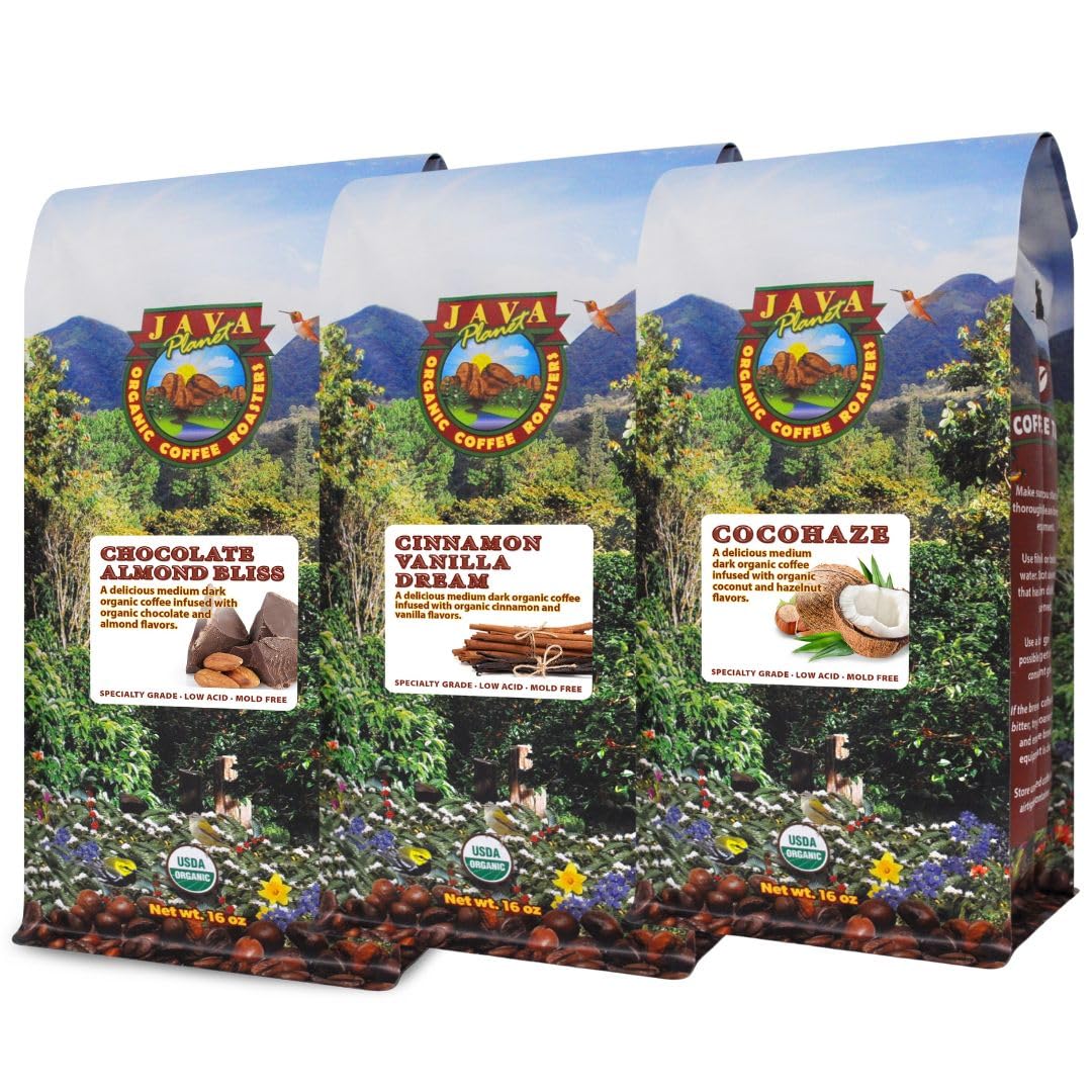 Java Planet Organic Flavored Coffee Variety Set - Chocolate Almond Bliss, Cinnamon Vanilla and CocoHaze Infused With Organic Plant Based Flavor Oils