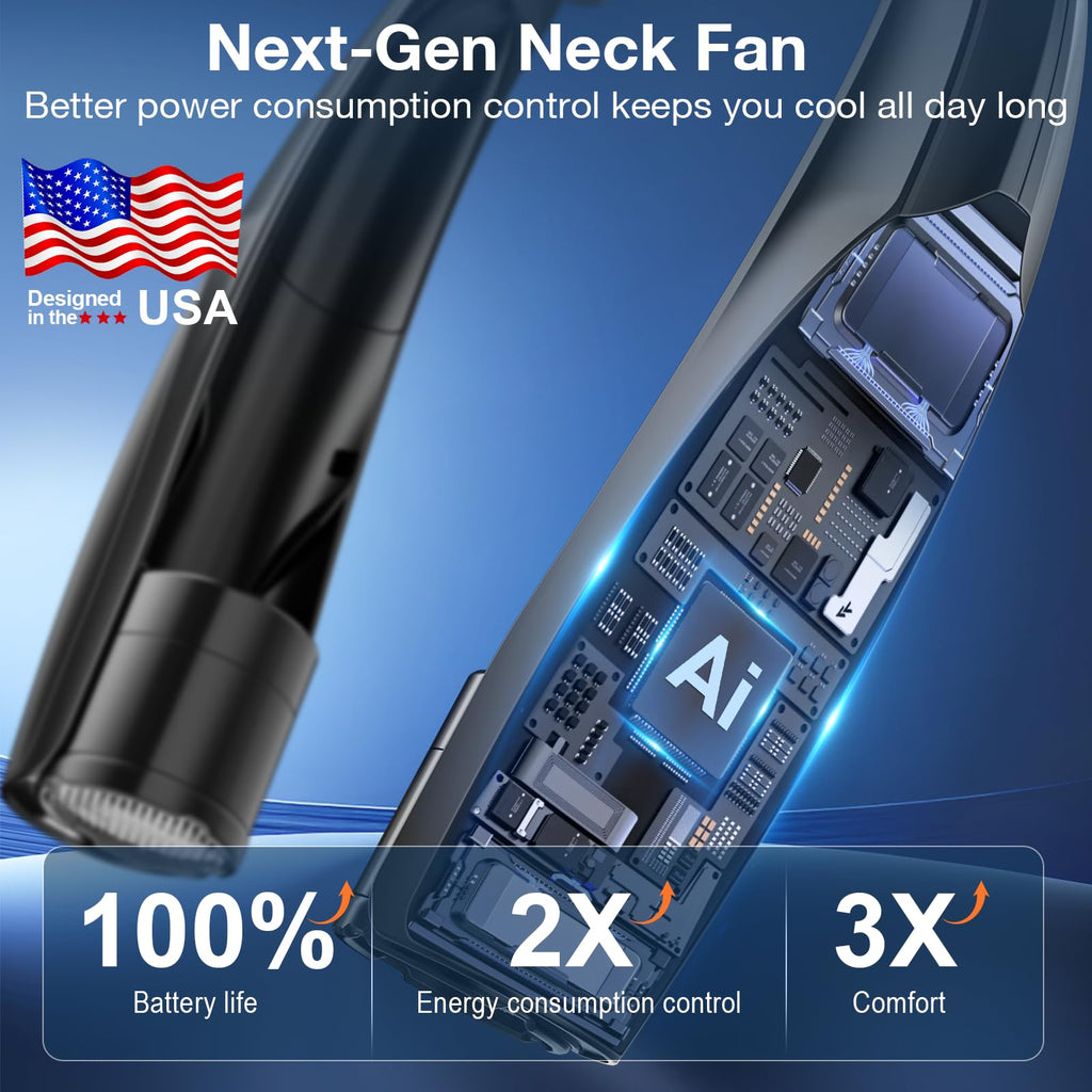 Elrerue Portable Neck Fan, 6 Speeds Rechargeable Personal Fan with AI Chips, Hands-Free 360° Faster Cooling Wearable Fan, Ultra Quiet for Home, Office, Travel, Indoor, Outdoor - Black