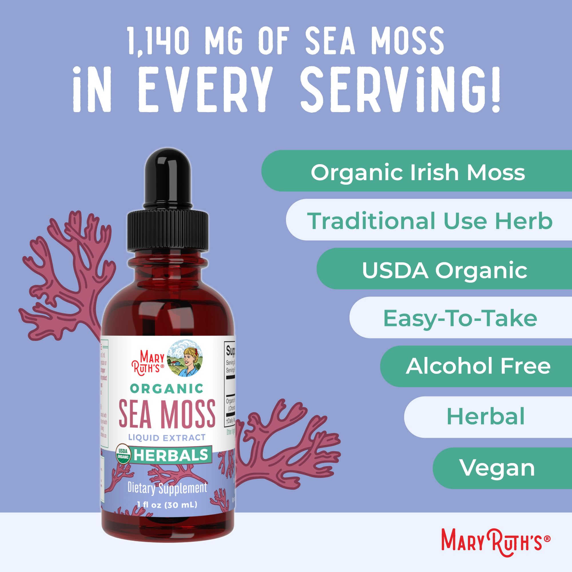 MARYRUTH'S Organic Irish Sea Moss Liquid Drops | Chondrus Crispus | Wild Harvested | Organic Irish Moss Formulated for Adults & Kids Ages 14+ | Unflavored | Sugar Free | Vegan | Non-GMO | 1 Fl Oz