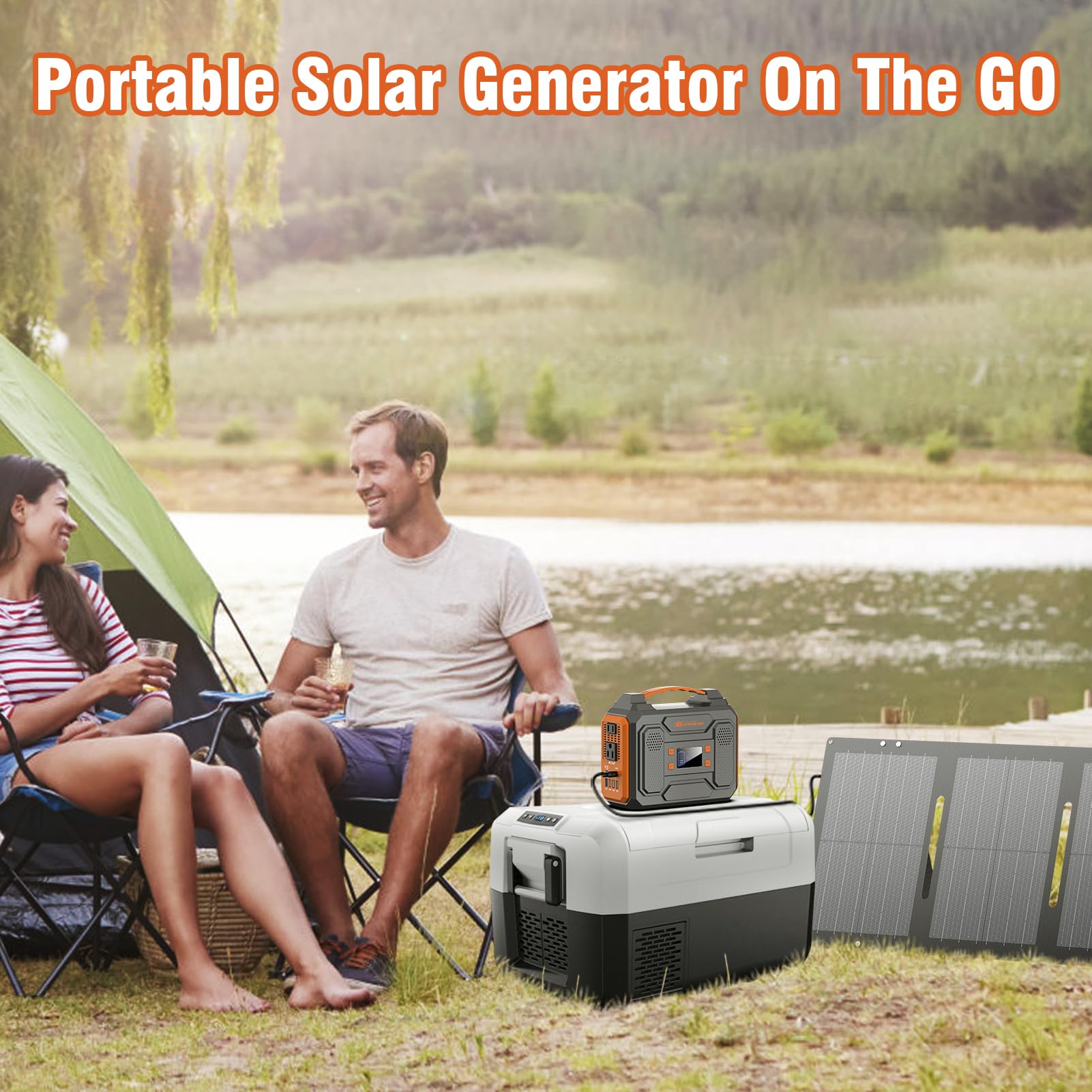 Portable Solar Generator 300W Power Station with Foldable 60W Solar Panel, Portable Power Bank 65W with DC AC Outlet 110V for Laptop Smart Device Home RV Outdoor Hiking Camping Adventure