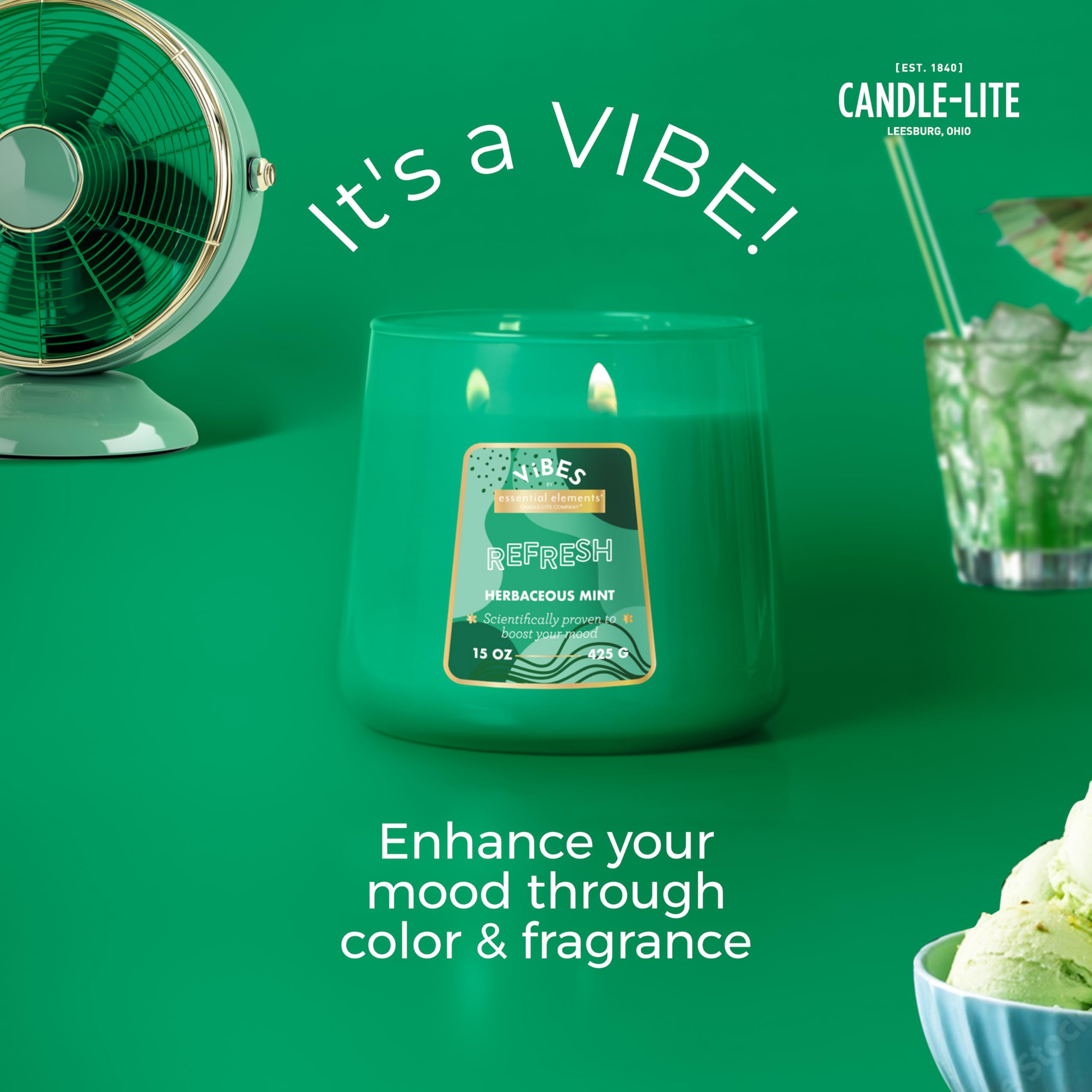 Candle-Lite Vibes Herbaceous Mint Mood-Enhancing Scented Candles, 15 oz Jar, Aromatherapy, Proudly Poured in The USA, 2-Wick, 86 Hours Burn Time, Perfect Relaxation Gift