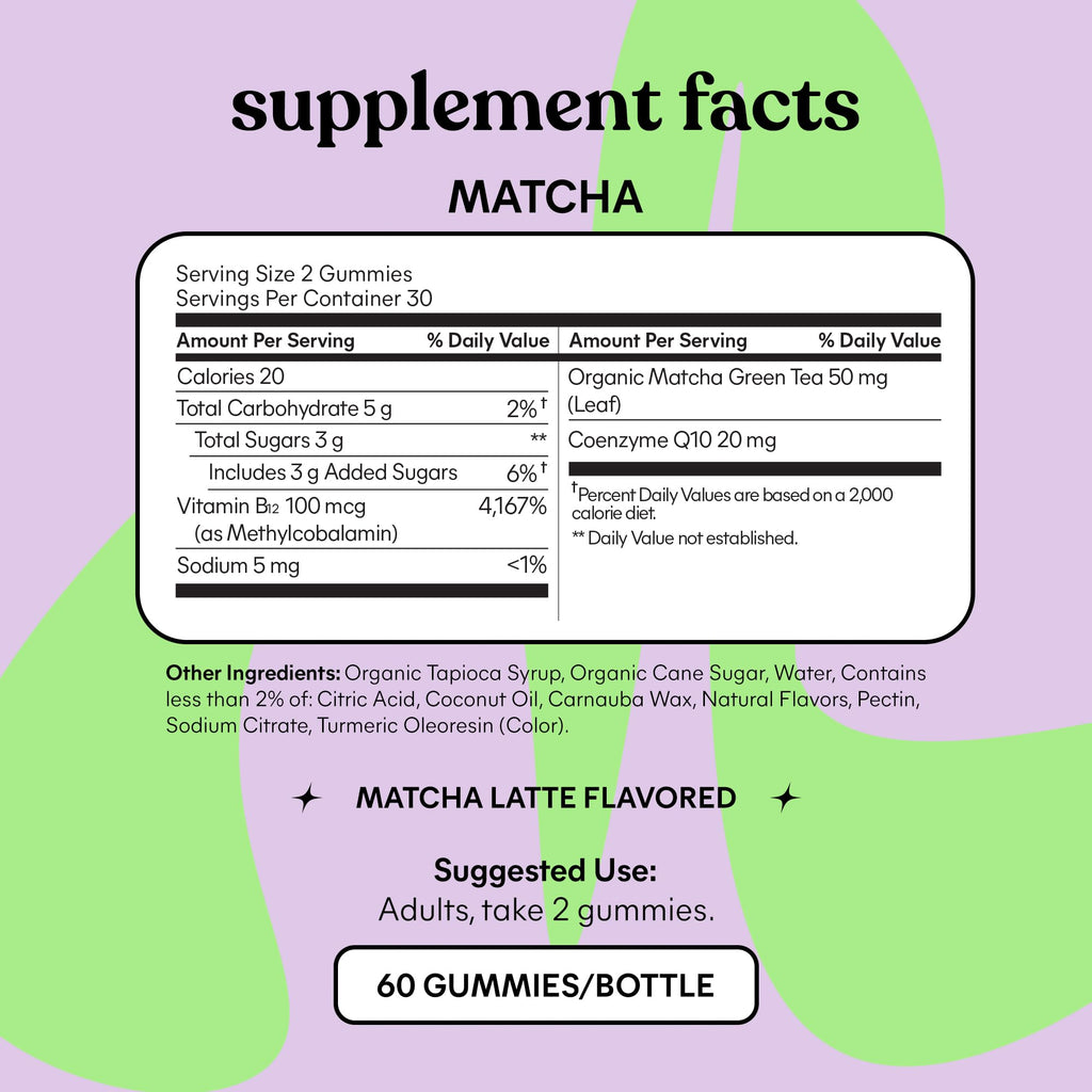 Lemme Matcha Superfood Energy Gummies with Organic Matcha Green Tea, Vitamin B12 and Antioxidant Coenzyme Q10 to Support Cellular Energy, Metabolism & Healthy Skin - Gluten Free, Non GMO (60 Count)