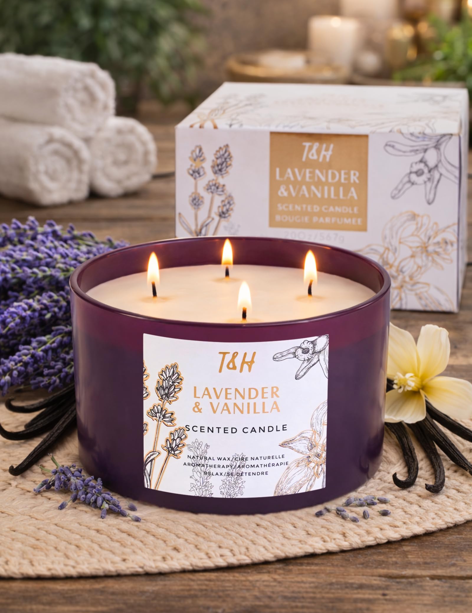 Lavender Vanilla Scented Candle | Large 4-Wick Soy Candle for Home 20 oz | Calming Aromatherapy Candle | Long Lasting Clean Burn | Relaxing Gift for Women & Men