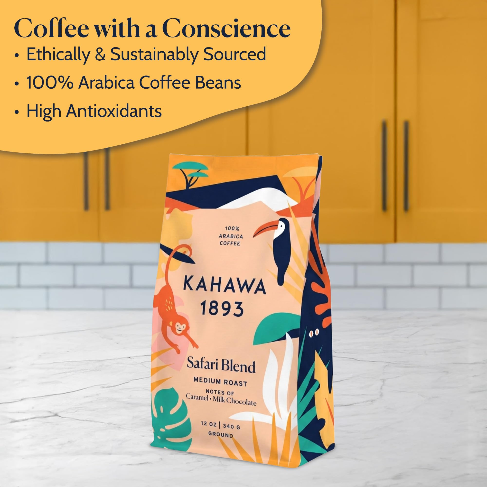 Kahawa 1893 Ground Coffee Medium Roast Safari Blend 12 Oz - As Seen on Shark Tank, High Antioxidants, Naturally Sweet, Organically Grown, Ethically & Sustainably Sourced