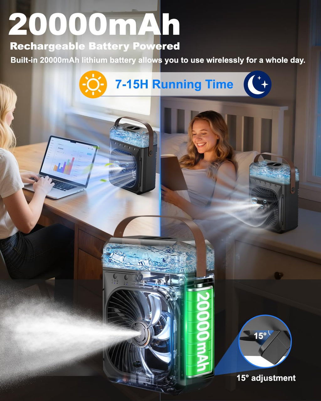 Ausic Misting Fan Portable, 20000mAh Portable Air Conditioners with 1200mL Water Tank, Outdoor Water Cooling Fan for Outside, Perfect Quite Mist Water Spray Fans for Camping Patio Home Bedroom Office