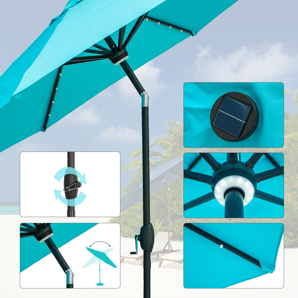 GDY 10Ft Patio Umbrella, Table Umbrella with 40 LED Lights, Outdoor Umbrellas for Patio, with Tilt and Crank, Center Light, for Garden, Deck, Backyard, Pool, and Beach, (Blue).