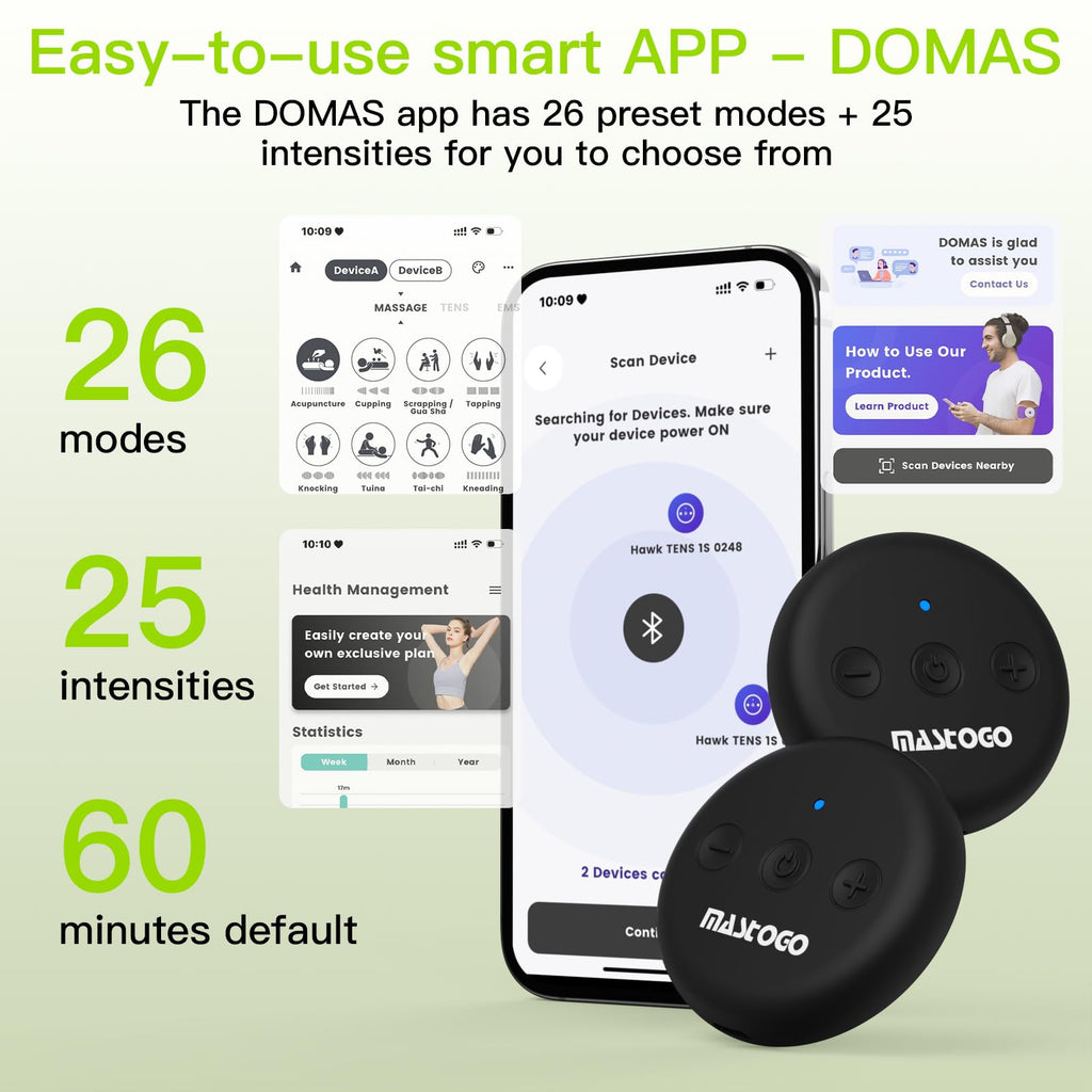 MASTOGO Wireless TENS Unit, Dual Host Muscle Stimulator with APP Control Up to 26 Modes, for Pain Relief, Portable and Rechargeable TENS Unit Muscle Stimulator