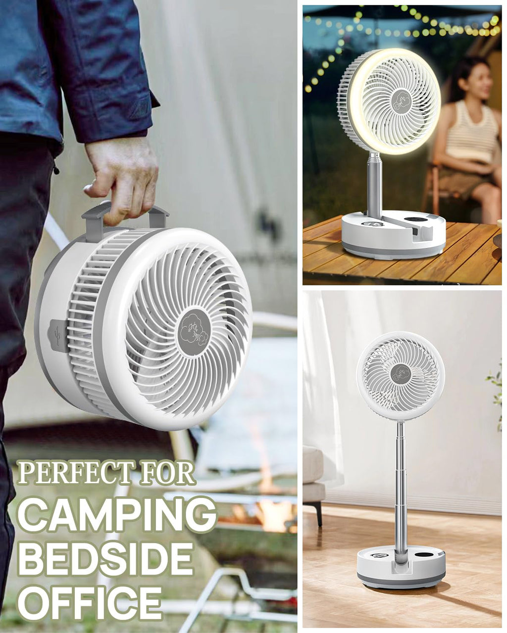 10 inch Portable Fan-Battery Operated Fan, Oscillating Rechargeable Fan with 40000mAh, Remote Control LED Lights, 114HR Run Time, Outdoor Portable Foldable Fan for Camping＆travel (White)