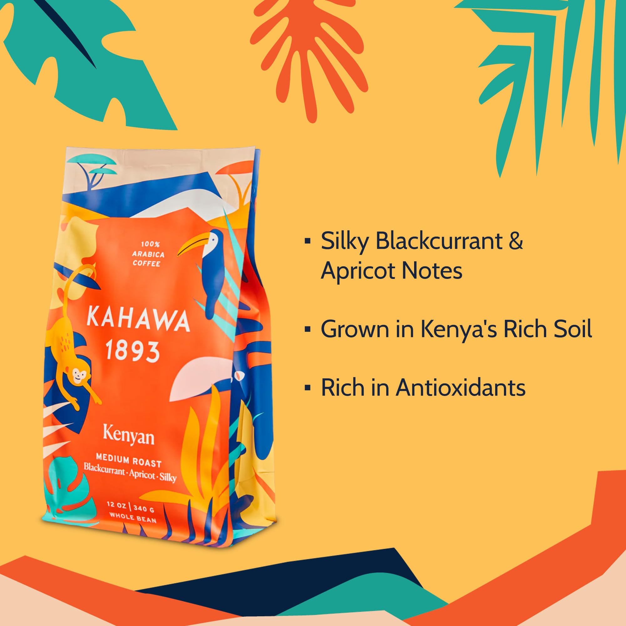 Kahawa 1893 Whole Bean Coffee Medium Roast Kenyan Blend 12 Oz - As Seen on Shark Tank, High Antioxidants, Naturally Sweet, Organically Grown, Ethically & Sustainably Sourced