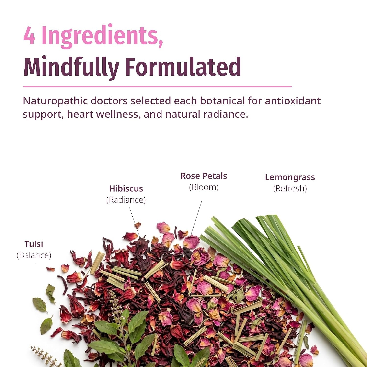 Heart Hibiscus Tea Bags with Rose Petals, Tulsi & Lemongrass | Caffeine Free Floral Herbal Blend | Naturopathic Tea Rich in Vitamin C & Antioxidants | 30 Plastic Free Pyramid Bags