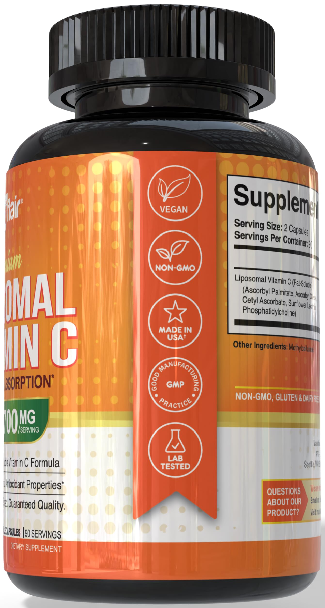 NutriFlair Liposomal Vitamin C 1700mg, 180 Capsules - High Absorption, Fat Soluble VIT C, Higher Bioavailability Immune System Support & Collagen Booster, Non-GMO, Vegan Pills