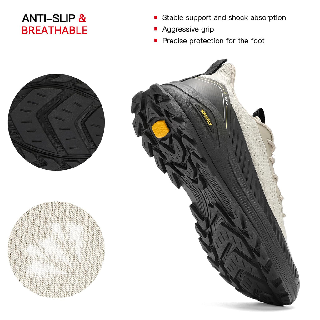 Kricely Men's Trail Running Shoes Non Slip Hiking Trekking Shoes Cross Training Tennis Shoes Breathable Shock Absorbing Sneakers Lightweight Workout Footwear Outdoor Gym Jogging Khaki Size 12