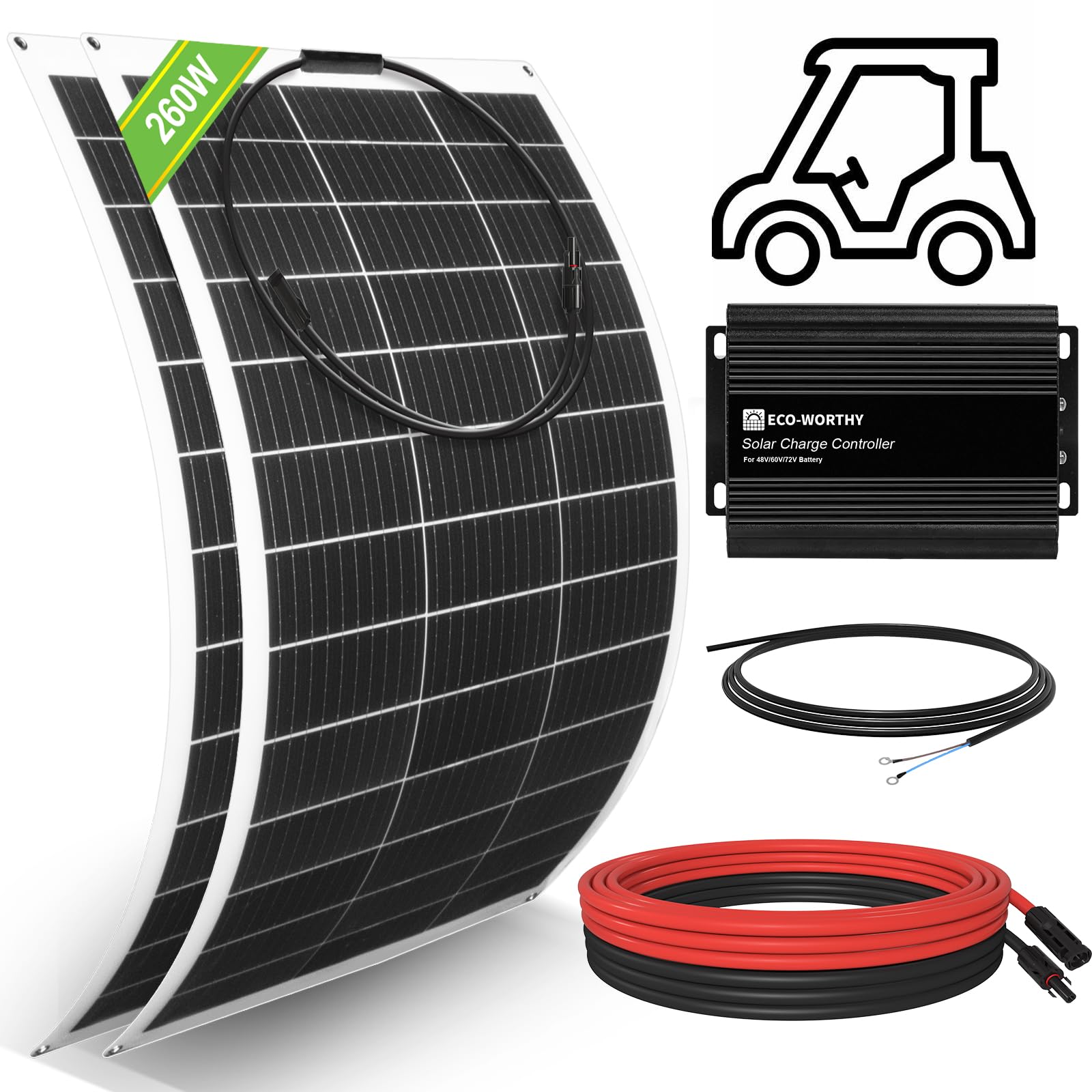 ECO-WORTHY 260W Flexible Solar Panel Kit for Golf Cart,1040wh/day Generation,Charge While Driving,Extend Battery Life,Go Further：2pcs 130W Solar Panel,24V/36V/48V/60V/72V MPPT Boost Charge Controller