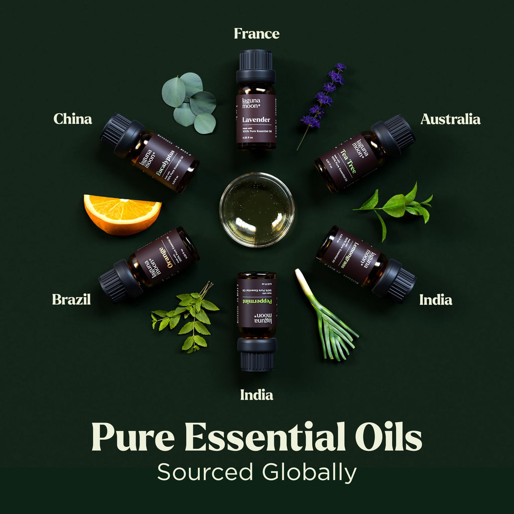 Lagunamoon Essential Oils Aromatherapy Set - 6 Oils for Diffusers, Home Care, Candle Making Scents, Fragrance, Humidifiers, Gifts - Peppermint, Tea Tree, Lavender, Eucalyptus, Orange (10mL)