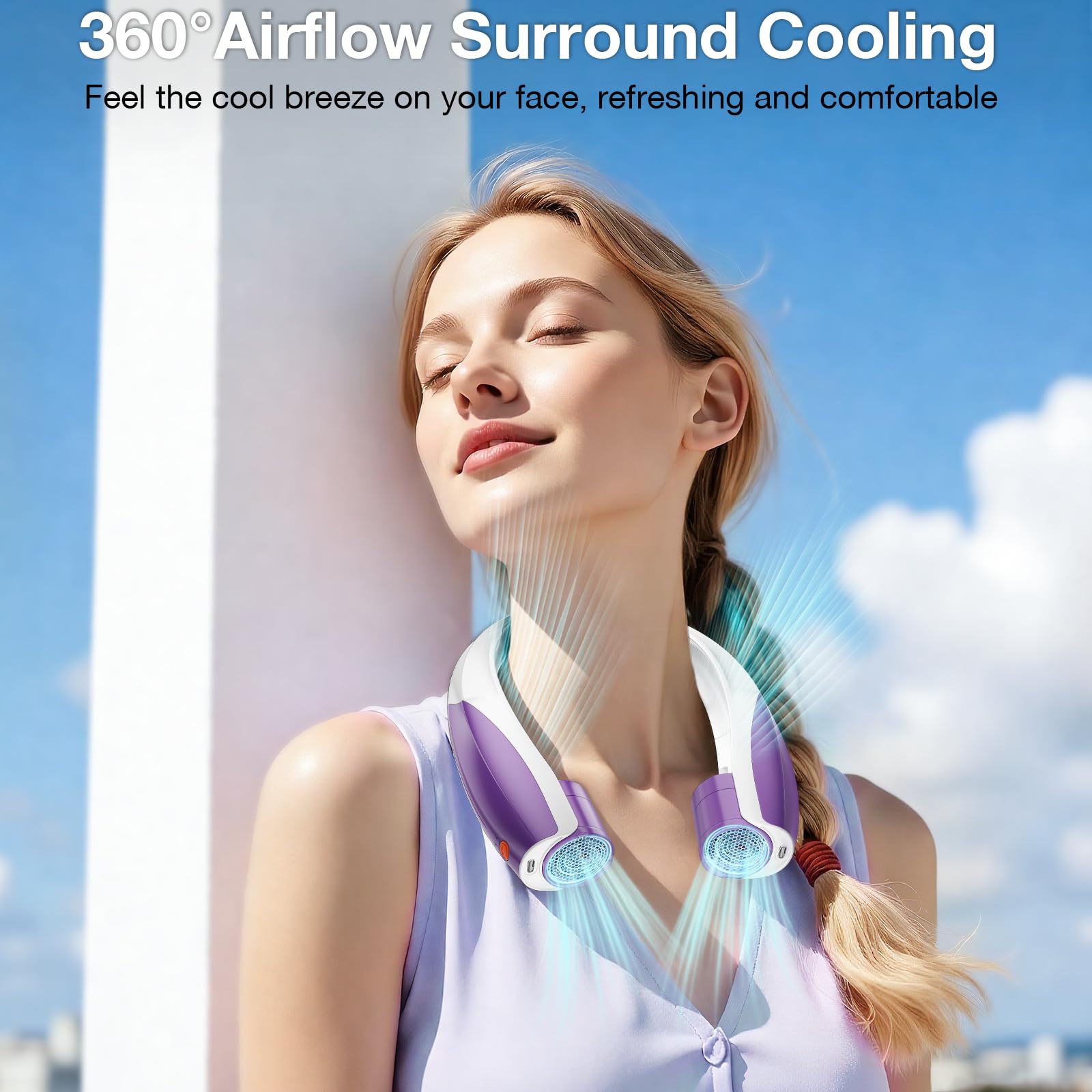 Elrerue Portable Neck Fan, 6 Speeds Rechargeable Personal Fan with AI Chips, Hands-Free 360° Faster Cooling Wearable Fan, Ultra Quiet for Home, Office, Travel, Indoor, Outdoor - Purple
