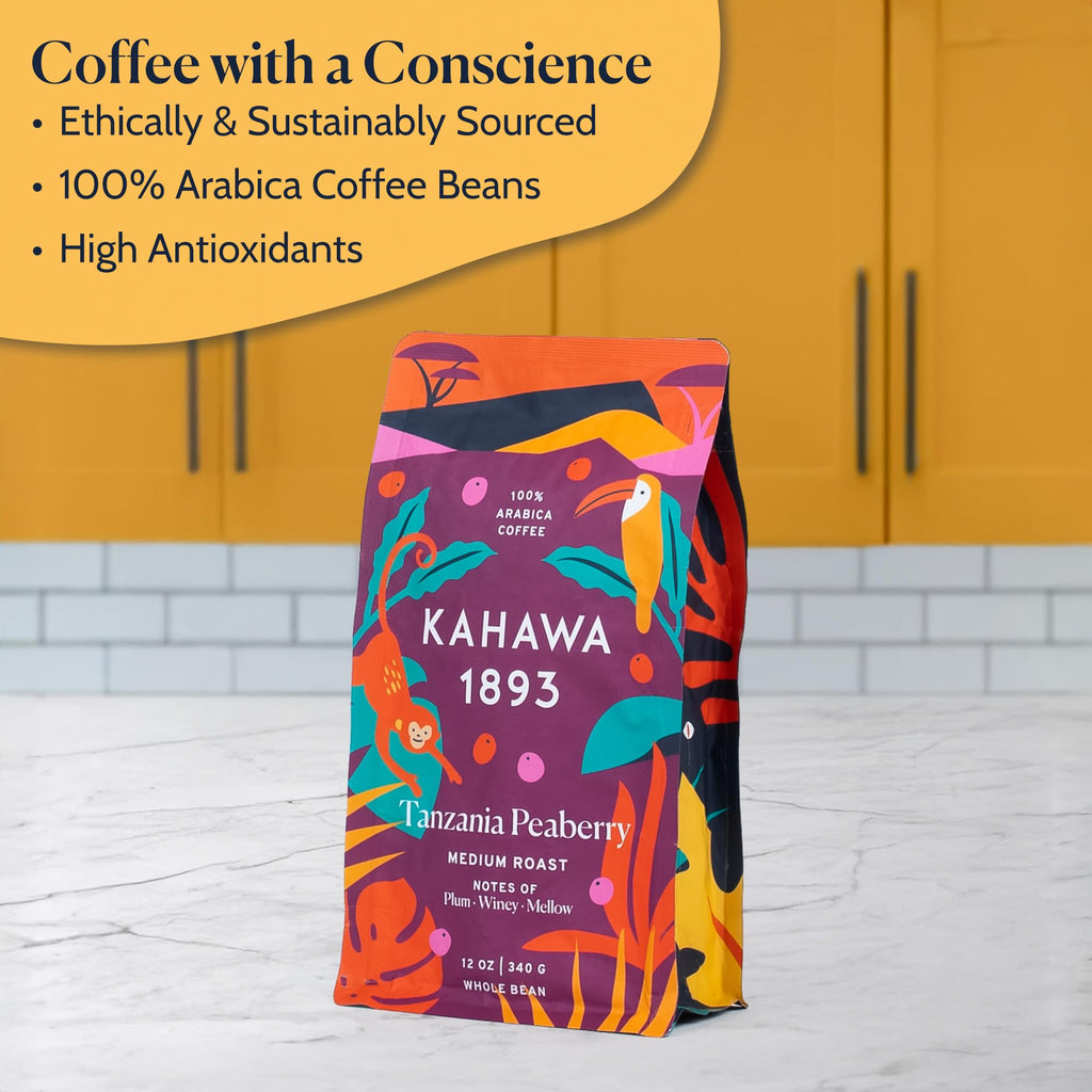 Kahawa 1893 Whole Bean Coffee Medium-Roast Tanzania Peaberry Blend 12 Oz - As Seen on Shark Tank, High Antioxidants, Naturally Sweet, Organically Grown, Ethically & Sustainably Sourced