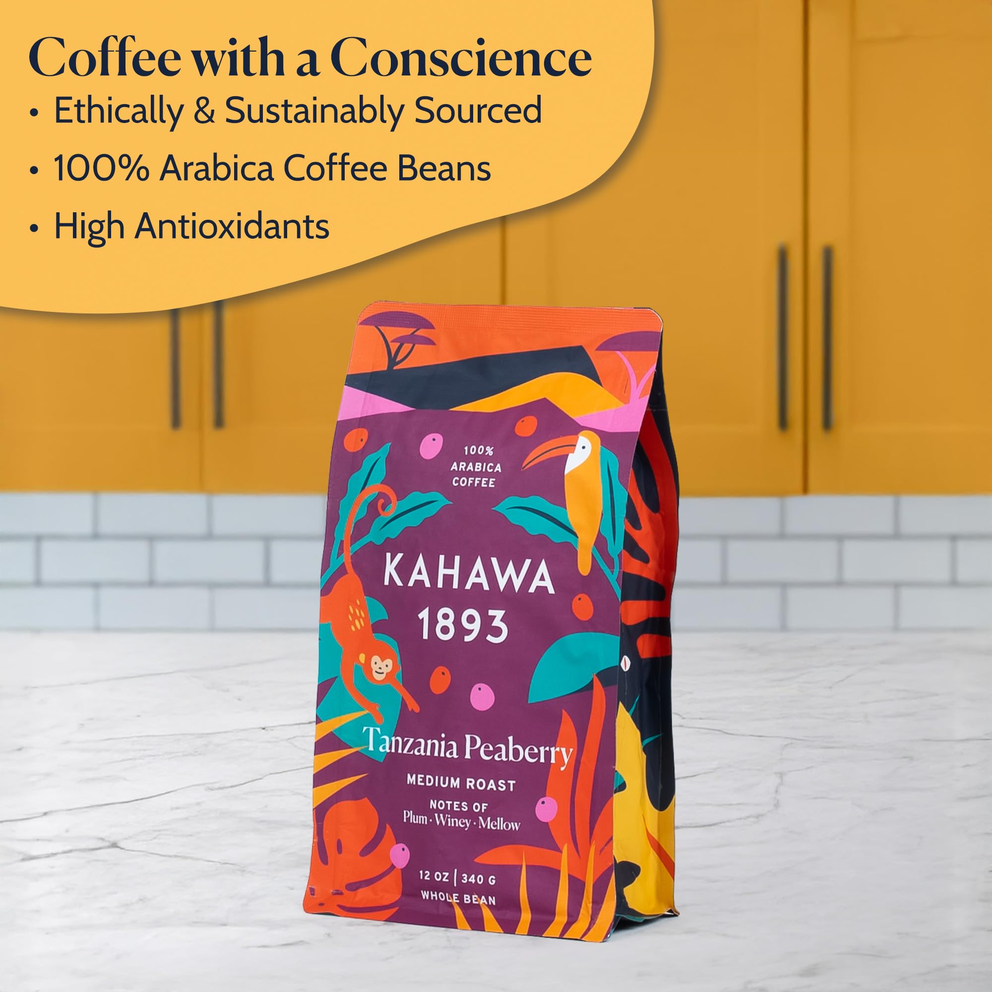 Kahawa 1893 Whole Bean Coffee Medium-Roast Tanzania Peaberry Blend 12 Oz - As Seen on Shark Tank, High Antioxidants, Naturally Sweet, Organically Grown, Ethically & Sustainably Sourced
