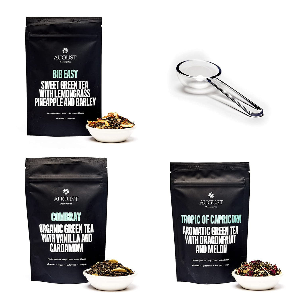 August Uncommon Sampler – Variety Tea Set of 3 Loose Leaf Green Tea Blends – Includes Scoop – Tropical, Dessert & Sweet Flavors in Resealable Pouches (5.4oz)