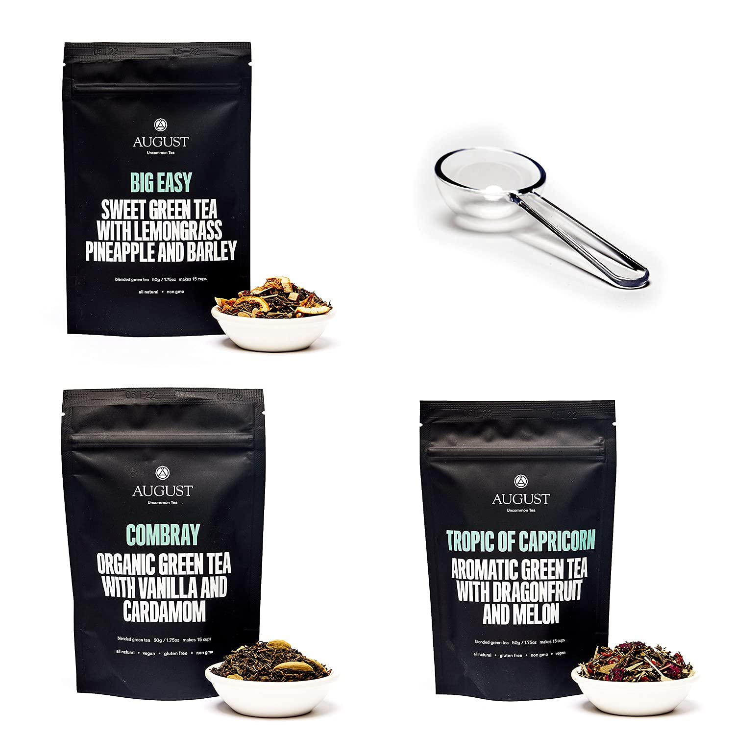 August Uncommon Sampler – Variety Tea Set of 3 Loose Leaf Green Tea Blends – Includes Scoop – Tropical, Dessert & Sweet Flavors in Resealable Pouches (5.4oz)