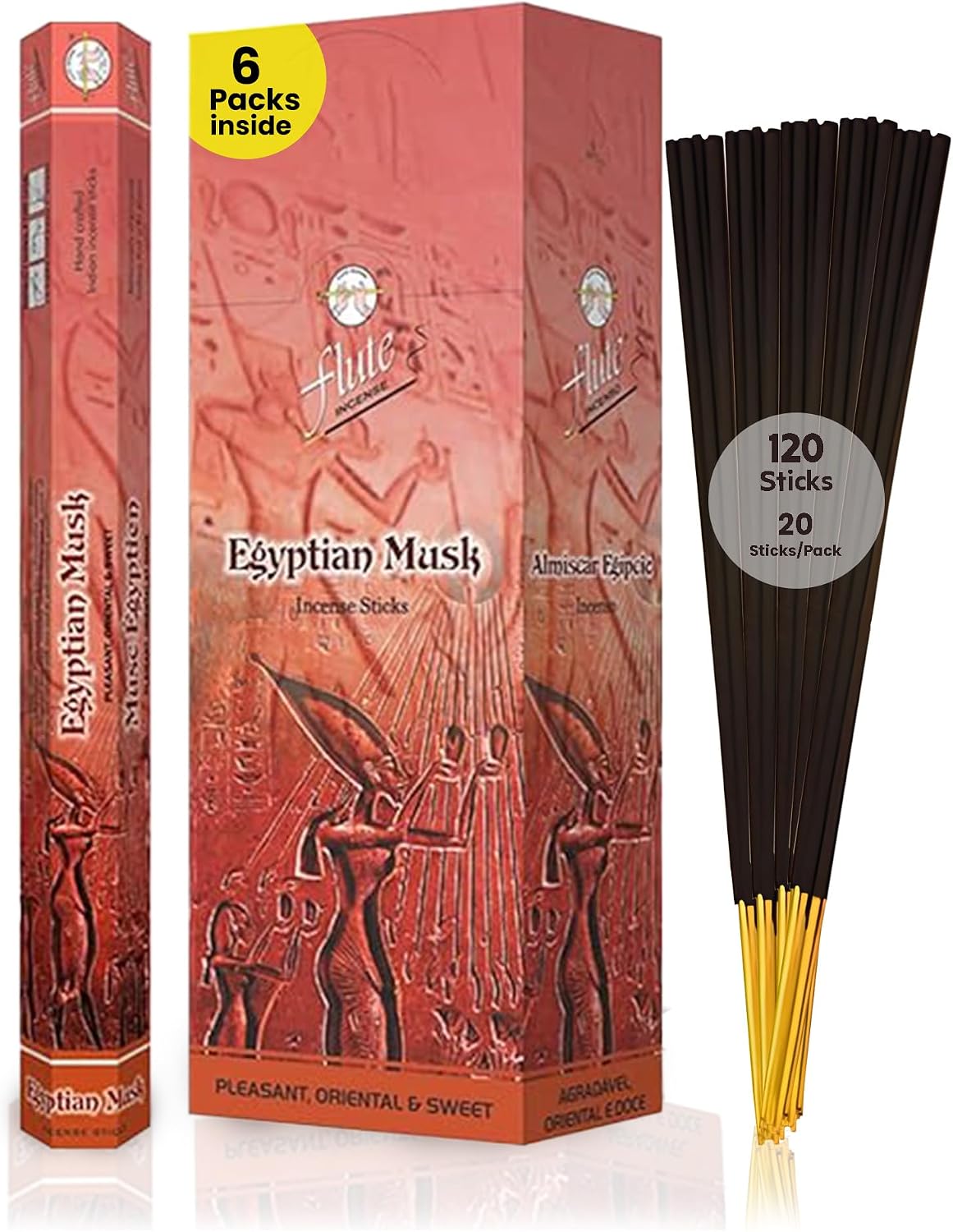 Egyptian Musk Incense Sticks – Ancient Egyptian Aroma for Relaxation, Rejuvenation & Stress Relief – 20 Sticks/Pack, 6 Packs/Box (9 Inch - 120 Sticks) | 40 Minutes Burning Time