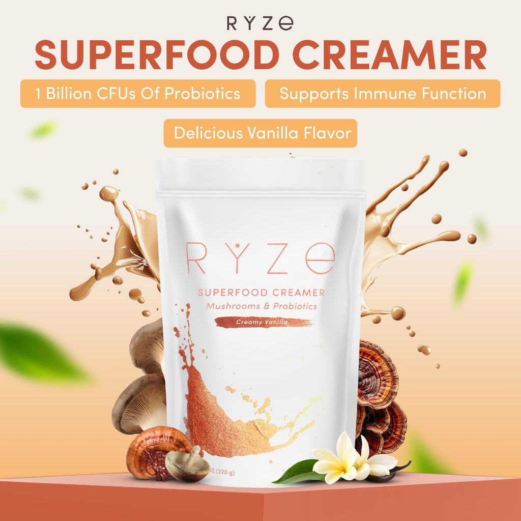 RYZE SUPERFOODS Ultimate Energy Bundle Medium Roast, USDA Organic Mushroom Coffee & Mushroom Matcha + Probiotic Creamer with 6 Adaptogenic Mushrooms for Better Energy, Focus, Digestion, Immunity, 30 serving each
