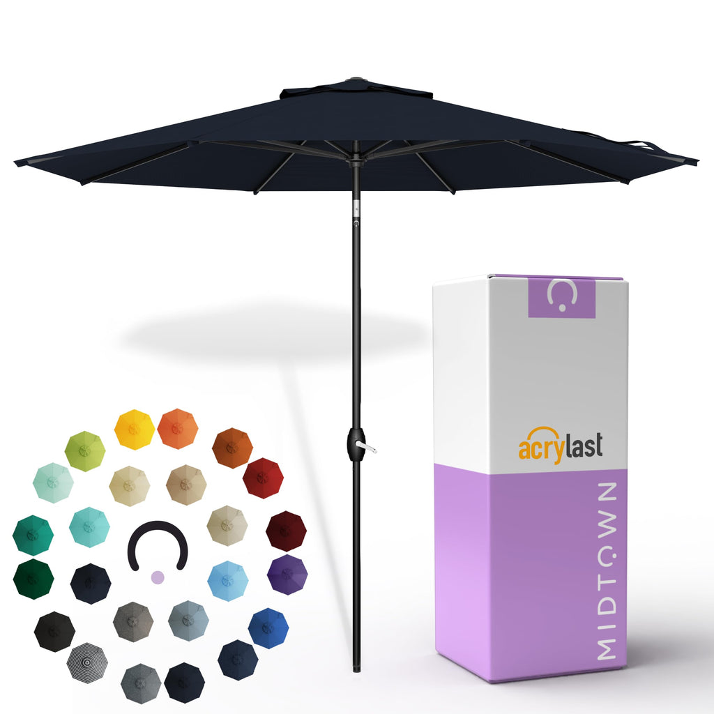 Midtown Umbrellas – The Lean 9 Ft Patio Umbrella with 10-Year-No-Fade Acrylast Acrylic Fabric, Auto-Tilt and 8 Reinforced Ribs for Deck, Pool, Garden, Hotel & Cafes – Harbor Navy Canopy, Black Pole