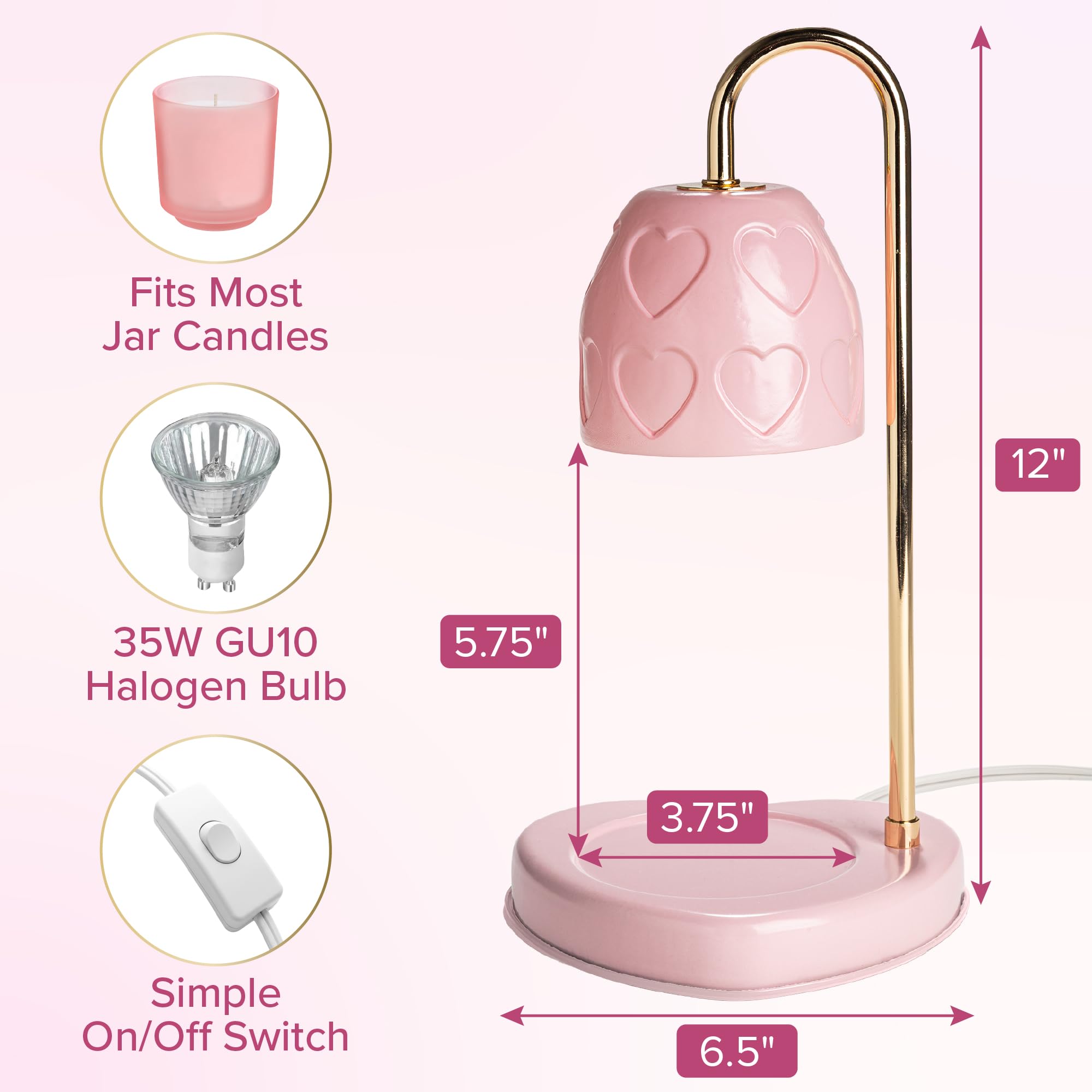 Paris Hilton Candle Warmer Lamp for Jar Candles, Electric Candle Lamp Warmer with 35W GU10 Bulb, Pink Debossed Hearts Shade and Gold-Finish Stem, Pink
