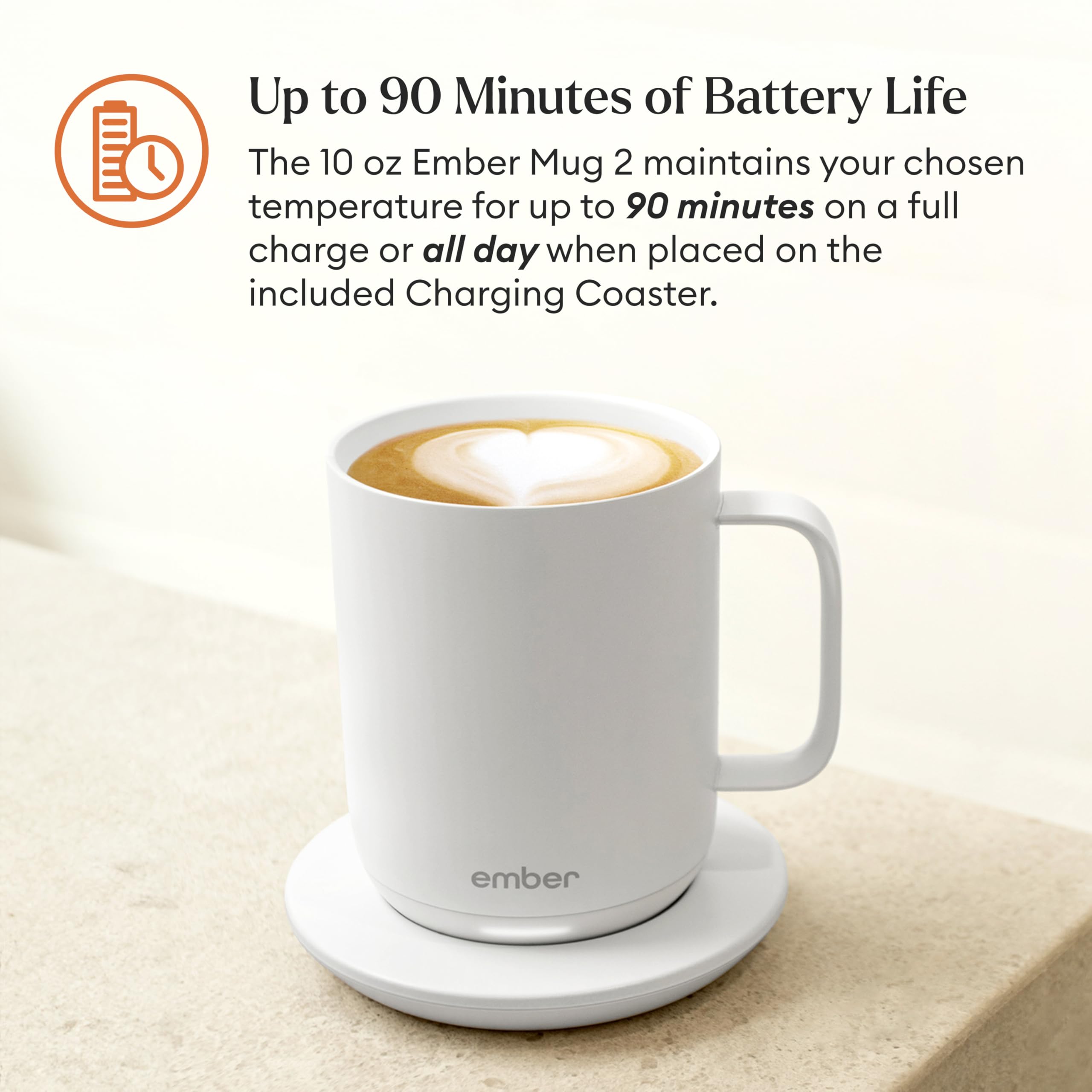 Ember Temperature Control Smart Mug 2, 10 Oz, App-Controlled Heated Coffee Mug with 80 Min Battery Life and Improved Design, White