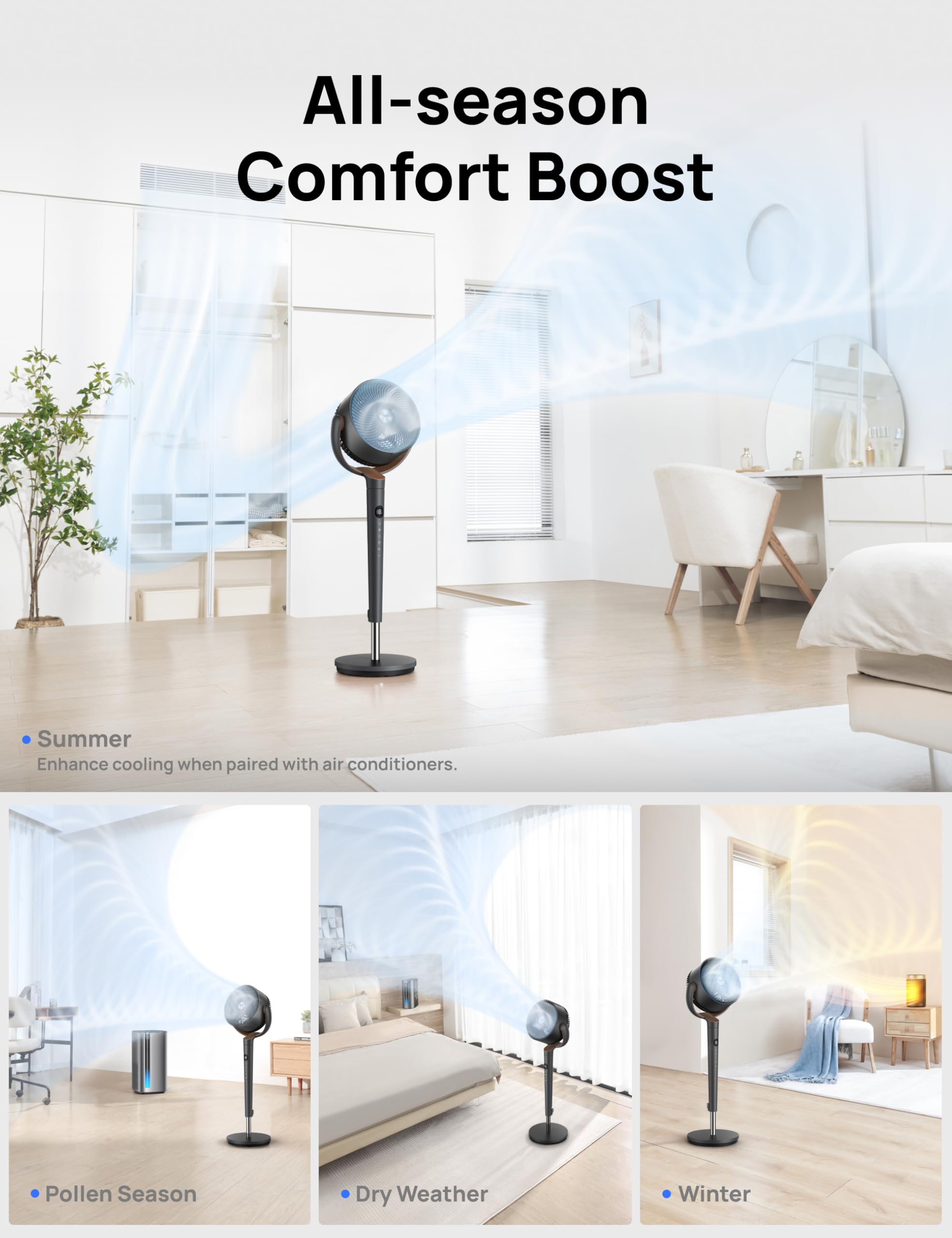 DREO Fan for Bedroom, 120° Oscillating Standing Fans, Quiet Floor Fan with DC Motor, 100ft Pedestal Fans for Room, 9 Speeds, 4 modes, 20dB, 120° Manual Vertical, 37-42" Adjustable Height, 9H Timer