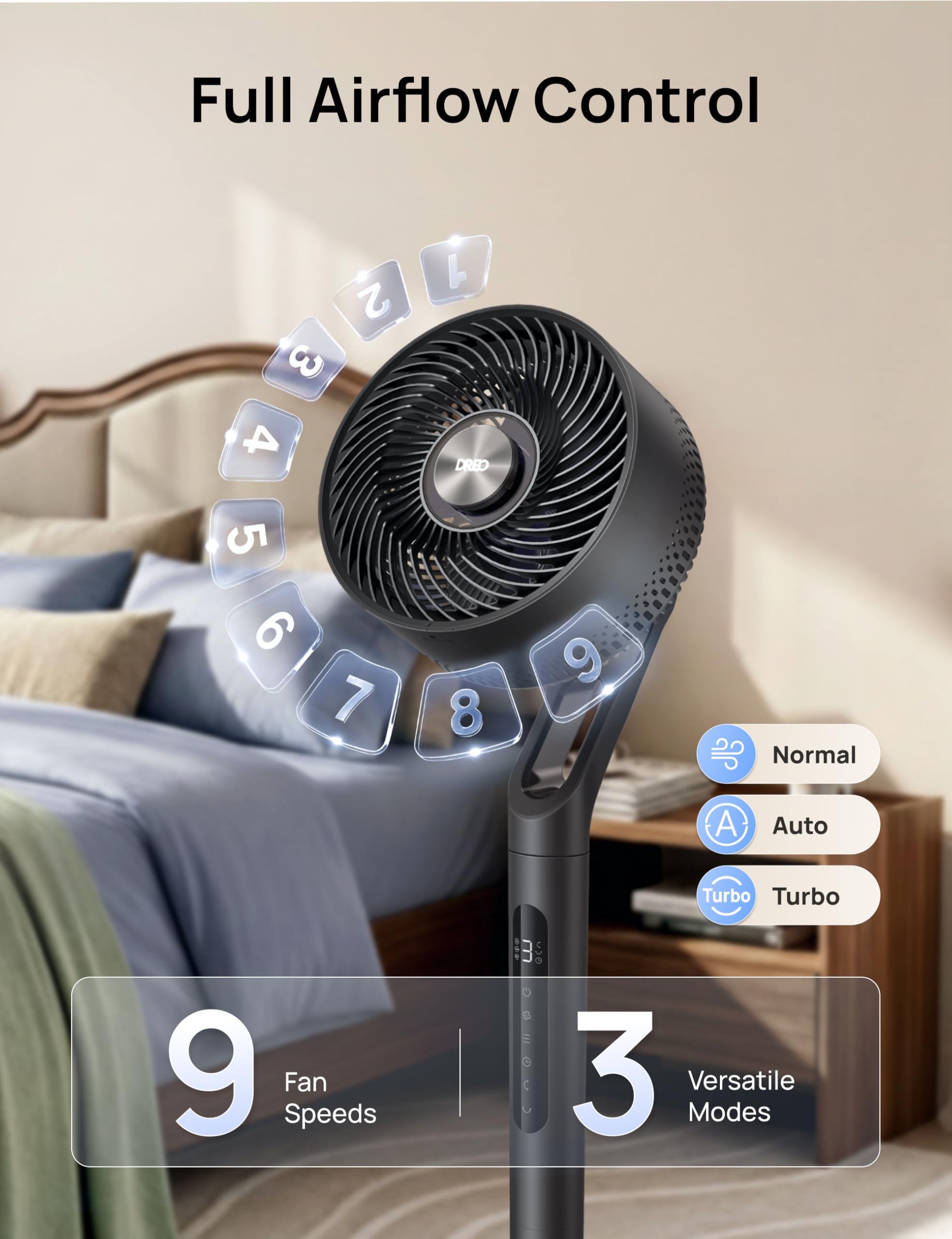 DREO Fan for Bedroom, 2026 New model,120°+100° Omni-Directional Oscillating Fan, 96ft, DC Motor, 20 dB Quiet Standing Pedestal Fans, 9 Speeds, 3 Modes, Remote, 37-42" Adjustable Height, 8H Timer