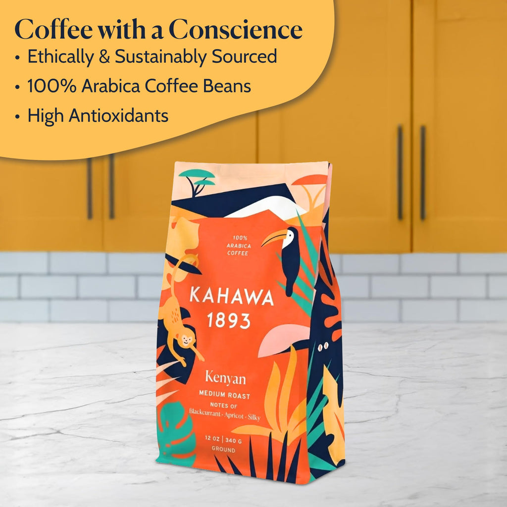 Kahawa 1893 Ground Coffee Medium Roast Kenyan Blend 12 Oz - As Seen on Shark Tank, High Antioxidants, Naturally Sweet, Organically Grown, Ethically & Sustainably Sourced