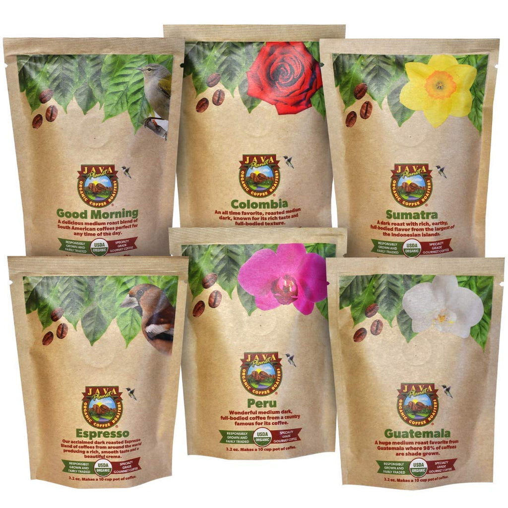 Java Planet, Coffee Gift Basket Sampler Set, for Coffee Lovers: Low Acid Organic Beans: Whole Bean, Mold-Free & Stomach Friendly - Arabica Gourmet, 1.32 LBs (19.2 oz) packaged in 6 Bags Each 3.2 oz