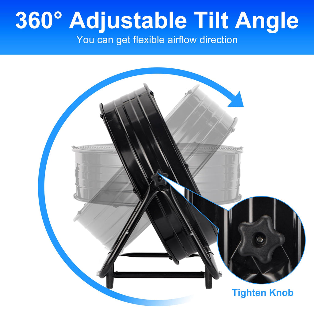AKIRES 40 Inch Industrial Drum Fan,24800 CFM High Velocity Floor Fan With 360°Adjustable Tilt,Heavy Duty Metal Fan with 1200 Sq.ft,3 Speed,Electric Fan For Commercial,Factory,Basement(Black)