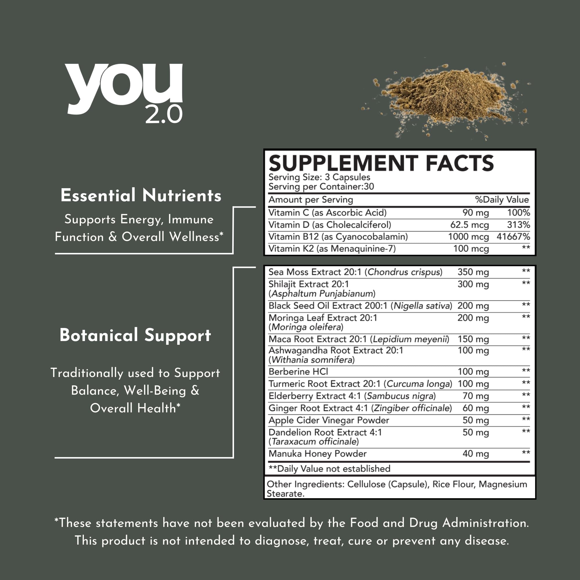 YOU 2.0 Powerhouse Superfood with Seamoss, Shilajit, Ashwagandha, Berberine, Maca, Black Seed Oil, Turmeric, Vitamin C, D, B12, K2 - Moringa, Apple Cider, Made in USA for Overall Health & Immunity