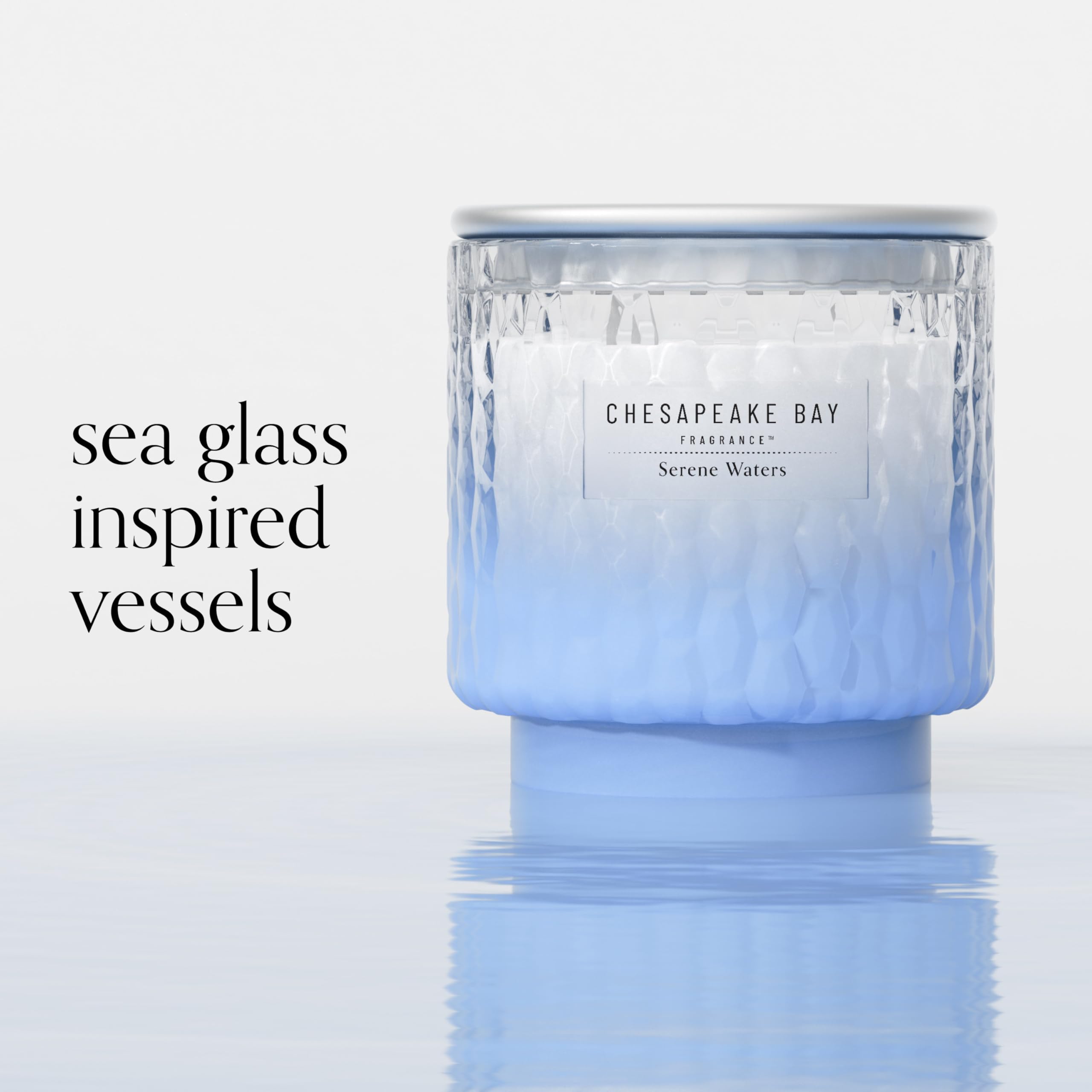 Chesapeake Bay, 11oz Serene Waters Scented Candle, Mood Evoking Fragrance, Textured Sea Glass-Inspired Jar, Premium Soy Blend Wax with Essential Oils, Coastal Fragrance for Home Décor or Gifting