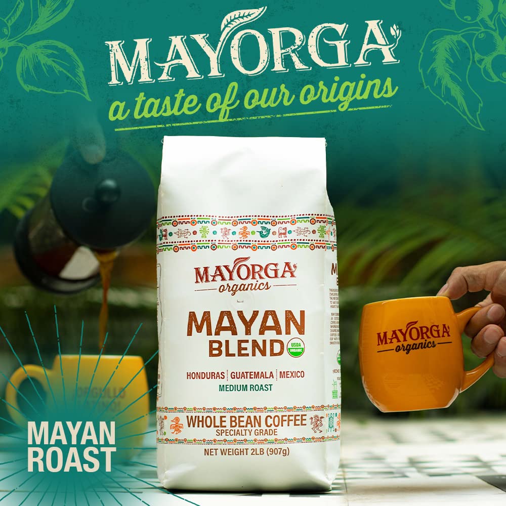 Mayorga Organic Coffee 12oz Mayan Blend - Medium Roast Whole Bean Specialty Grade Coffee, 100% Arabica, Slow Roasted, Chocolate and Floral Flavor with Low Acidity - USDA Organic, Non-GMO, Kosher