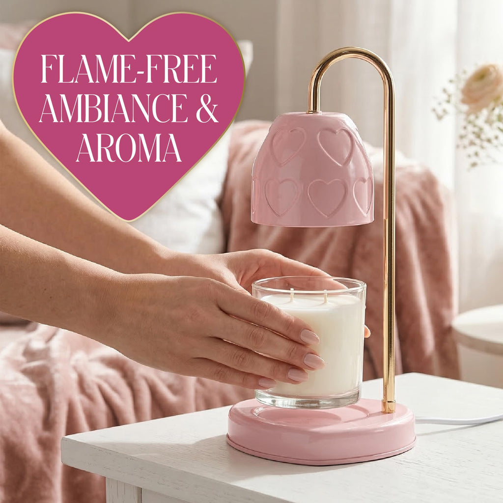 Paris Hilton Candle Warmer Lamp for Jar Candles, Electric Candle Lamp Warmer with 35W GU10 Bulb, Pink Debossed Hearts Shade and Gold-Finish Stem, Pink