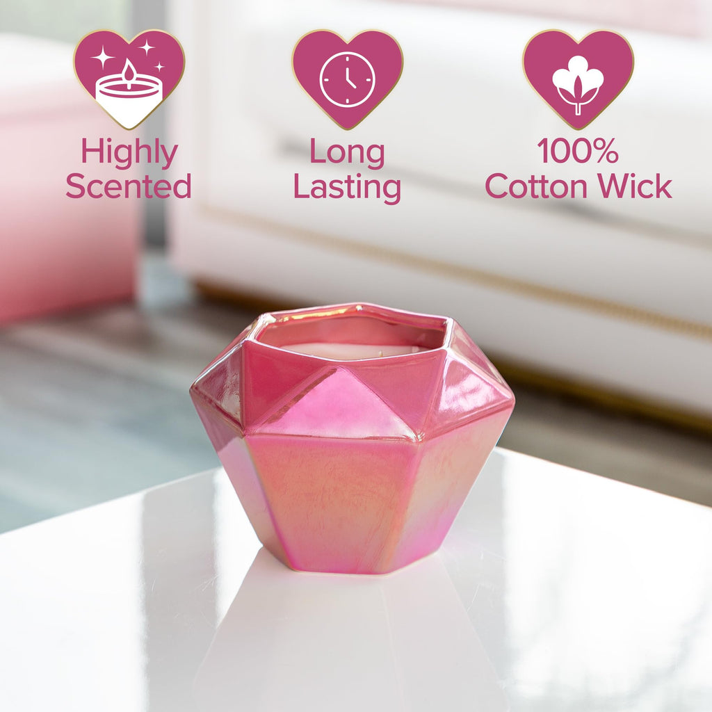 Paris Hilton Pink Spritz Scented Candle, Faceted Diamond Ceramic Vessel with Pink Iridescent Finish, Premium Plant Wax Blend, 3-Wicks, 13-Ounce