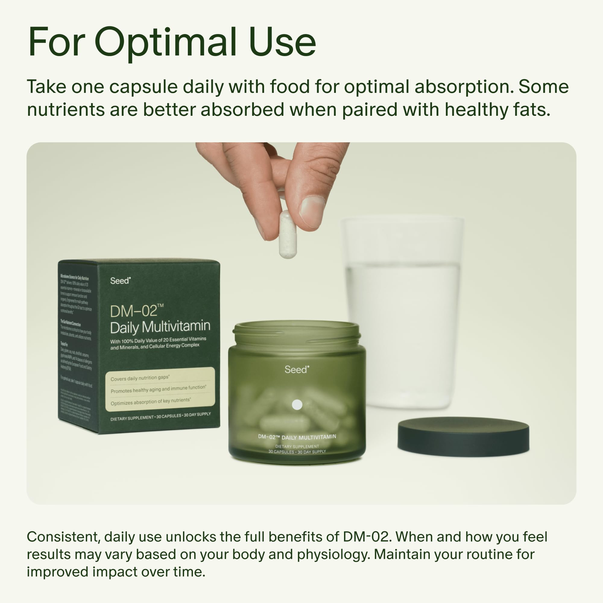 Seed DM-02 Daily Multivitamin - 100% DV Essential Vitamins and Minerals for Women & Men - Helps Fill Daily Nutrient Gaps - Immune, Bone, Hair, Skin & Nails Health - Vegan - 30 Capsules (30-Day Supply)