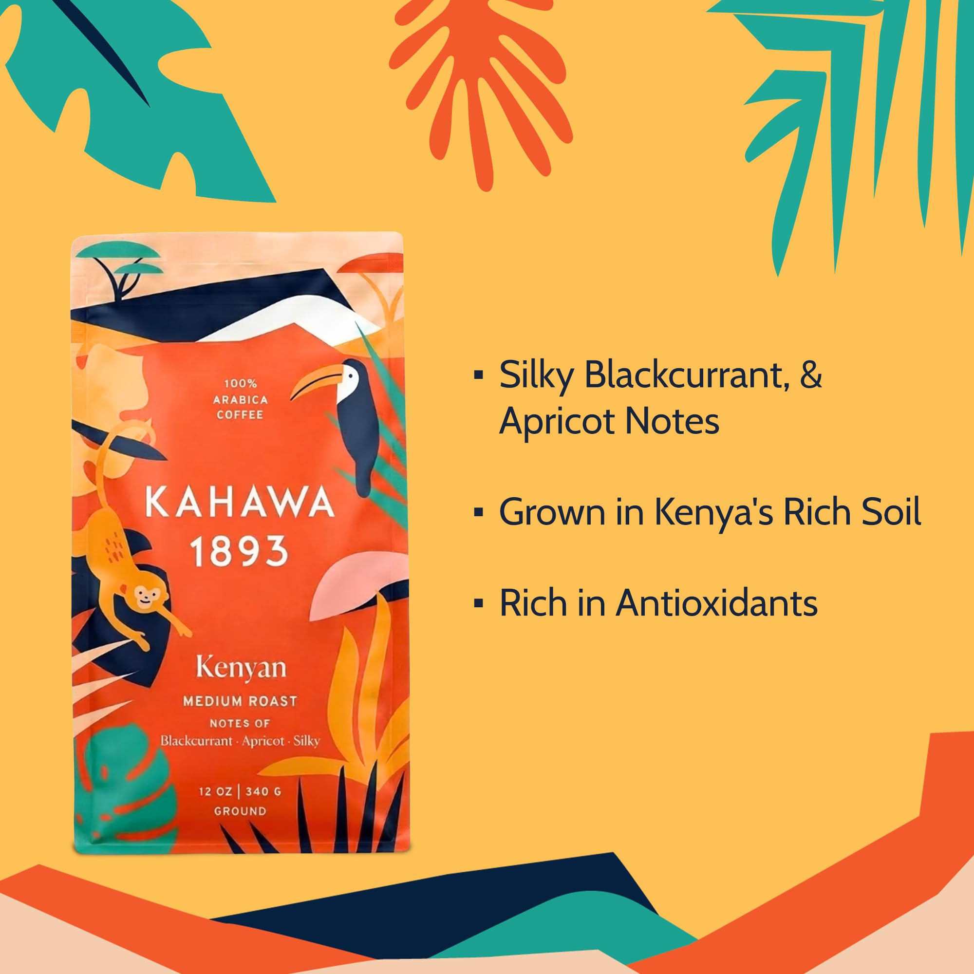 Kahawa 1893 Ground Coffee Medium Roast Kenyan Blend 12 Oz - As Seen on Shark Tank, High Antioxidants, Naturally Sweet, Organically Grown, Ethically & Sustainably Sourced