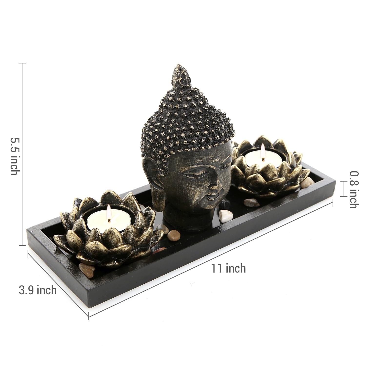 MyGift Black Buddha Head Sculpture Zen Garden Set with Lotus Tealight Candle Holders and Wooden Display Tray, Decorative Tabletop Home Accent